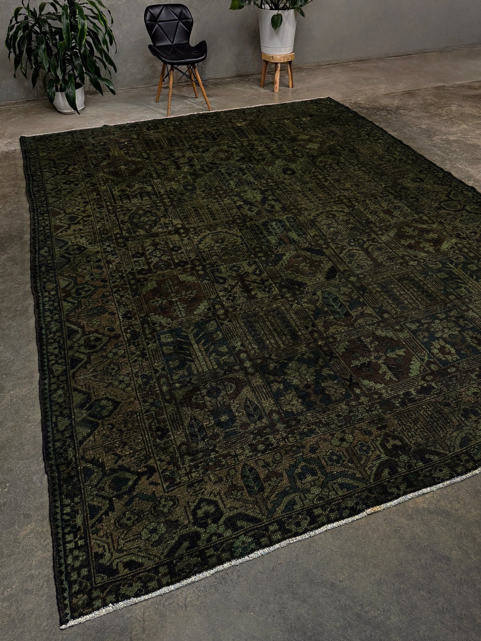 9x12 handmade overdyed Persian Bakhtiari vintage rug in deep moss green with distressed garden panel design — shown at Indigo Rugs, Burlingame — San Francisco Bay Area with free shipping