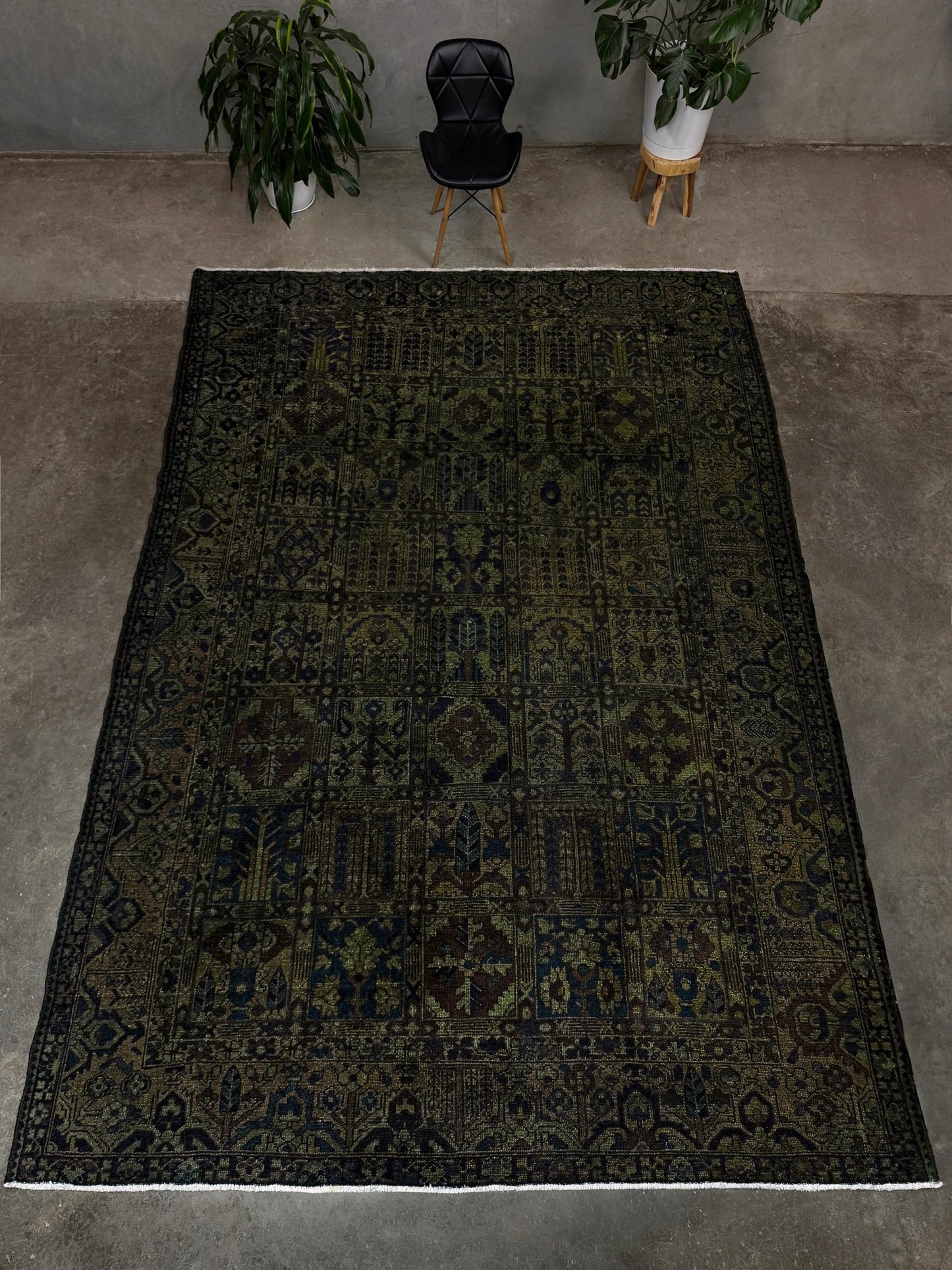9x12 handmade overdyed Persian Bakhtiari vintage rug in deep moss green with distressed garden panel design — shown at Indigo Rugs, Burlingame — San Francisco Bay Area with free shipping