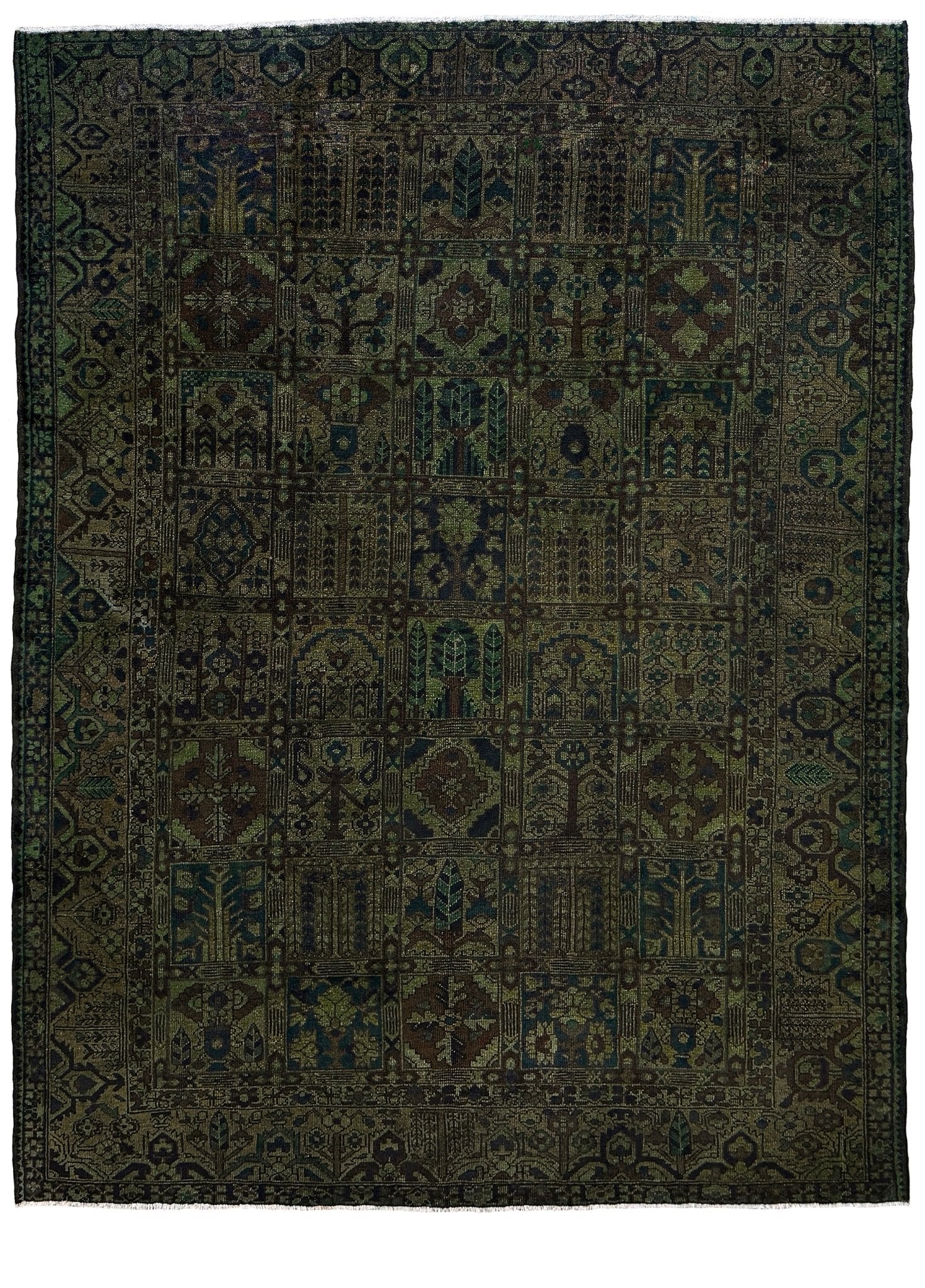Dark patterned rug with intricate designs on a plain background. 9x12 handmade overdyed Persian Bakhtiari vintage rug in deep moss green with distressed garden panel design — shown at Indigo Rugs, Burlingame — San Francisco Bay Area with free shipping