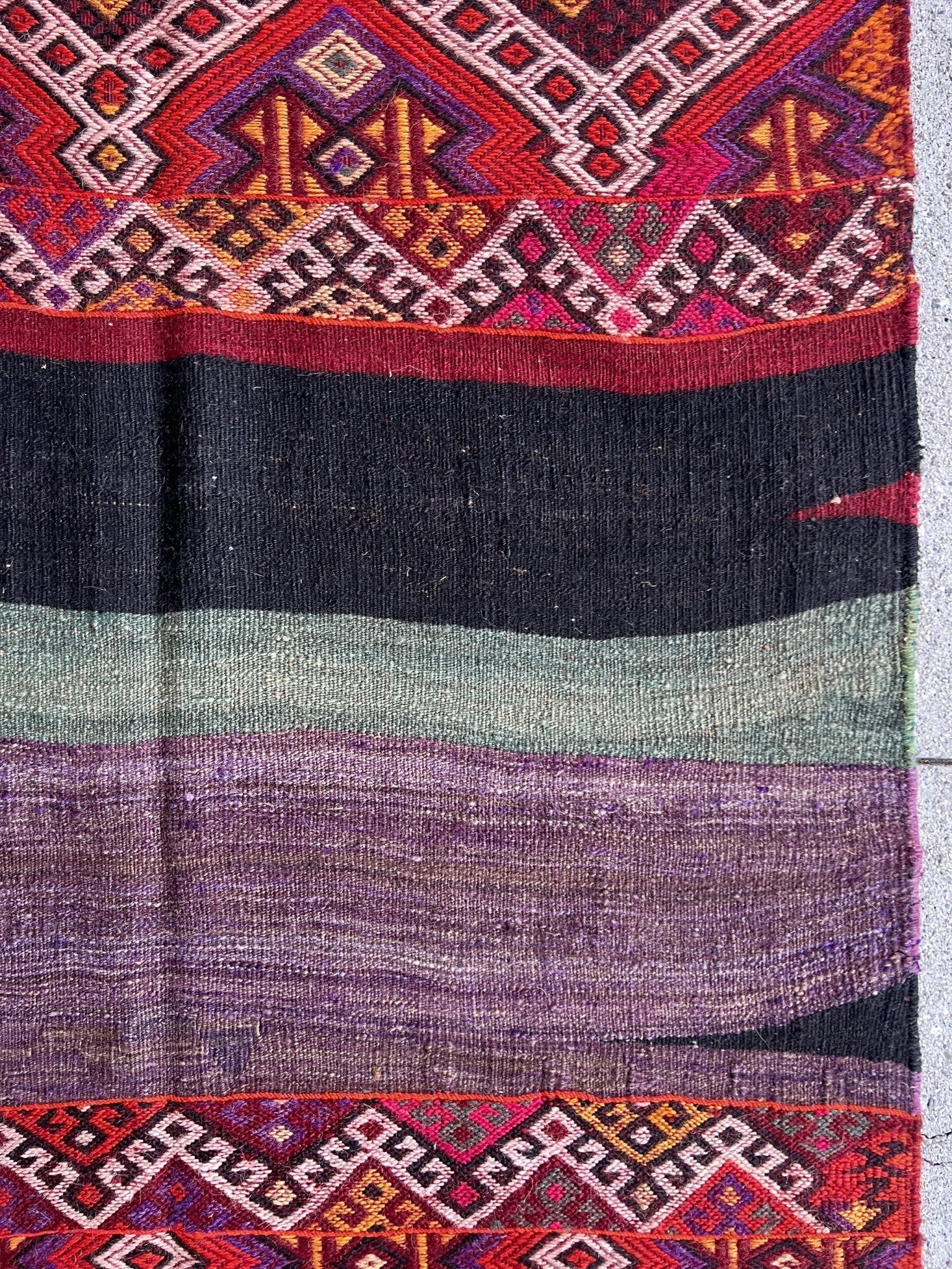 4x6 Small Kurdish Kilim Scatter accent rug from Turkey in Cicim embroidery technique, featuring bold geometric patterns in red, purple, pink and earthy tones. Offered by the best Kilim rug store in the San Francisco Bay Area, with free shipping to the US and Canada. A perfect gift idea for this season.