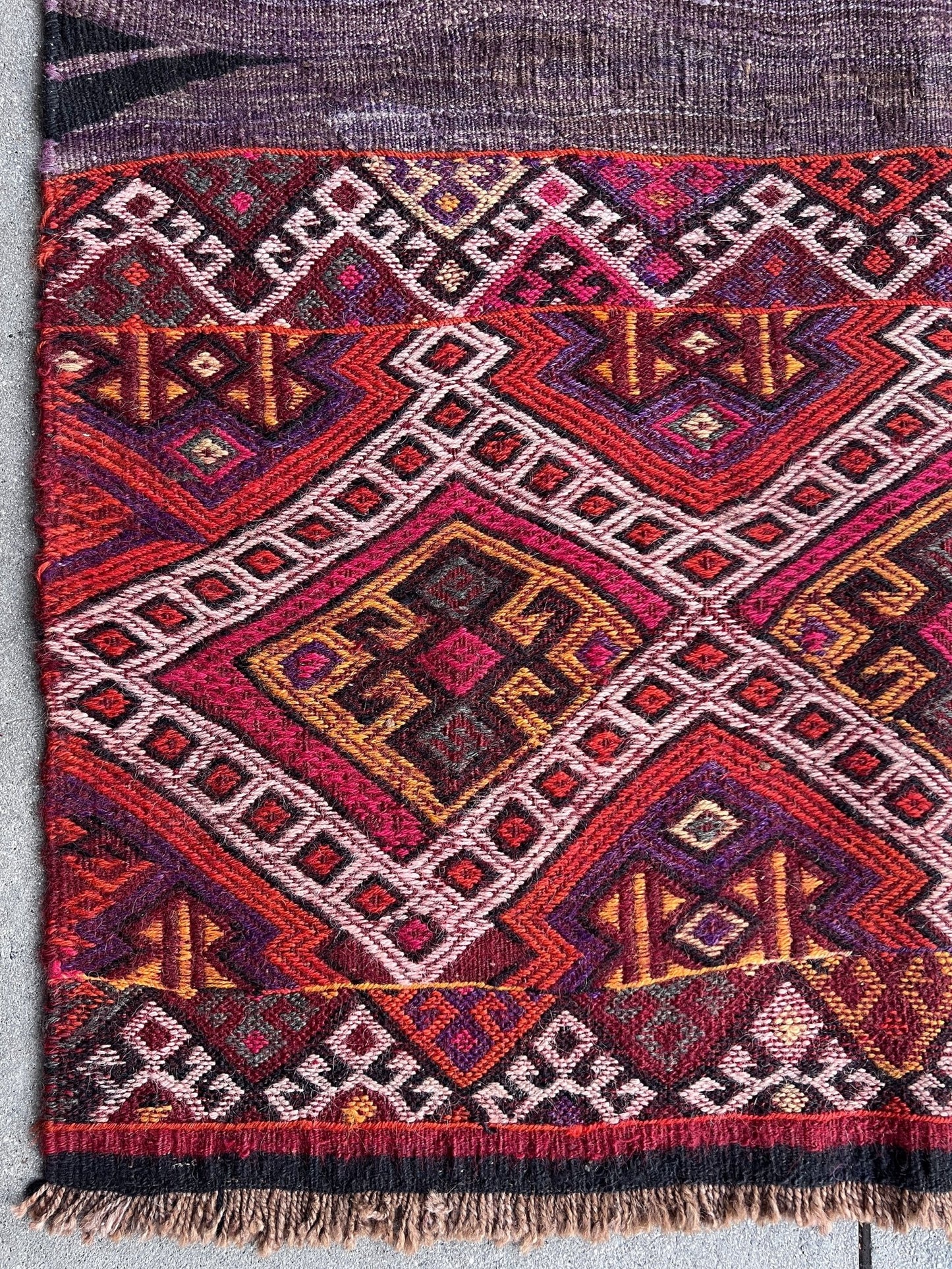 4x6 Small Kurdish Kilim Scatter accent rug from Turkey in Cicim embroidery technique, featuring bold geometric patterns in red, purple, pink and earthy tones. Offered by the best Kilim rug store in the San Francisco Bay Area, with free shipping to the US and Canada. A perfect gift idea for this season.