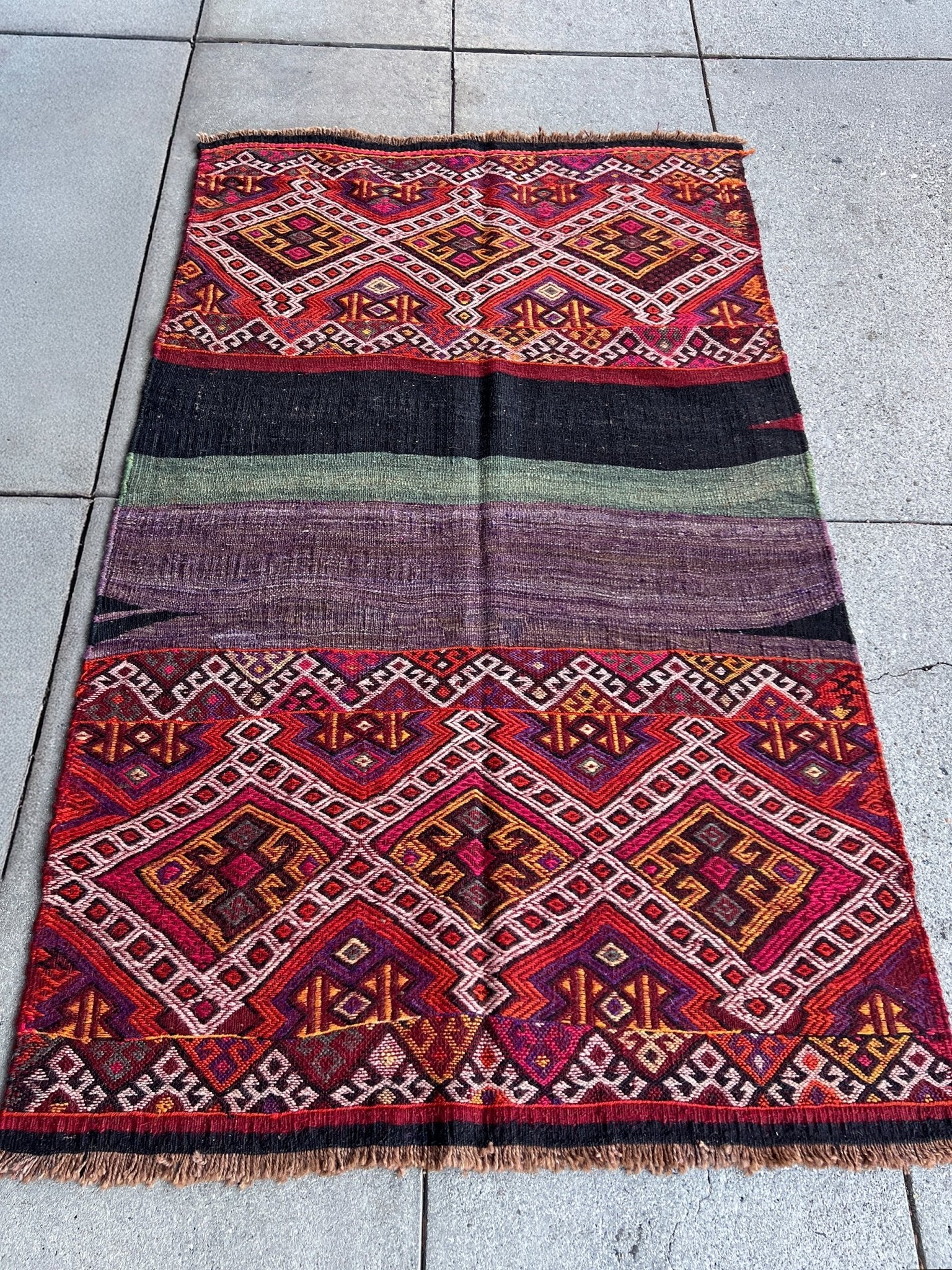 4x6 Small Kurdish Kilim Scatter accent rug from Turkey in Cicim embroidery technique, featuring bold geometric patterns in red, purple, pink and earthy tones. Offered by the best Kilim rug store in the San Francisco Bay Area, with free shipping to the US and Canada. A perfect gift idea for this season.