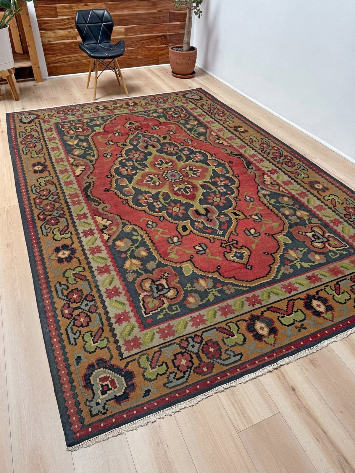 8x10 Bessarabian vintage  European floral kilim with madder red field and golden-brown border, handwoven wool flatweave rug perfect for living room, bedroom, or dining room; suits neutral, eclectic, or boho decor – rug shop in Burlingame CA