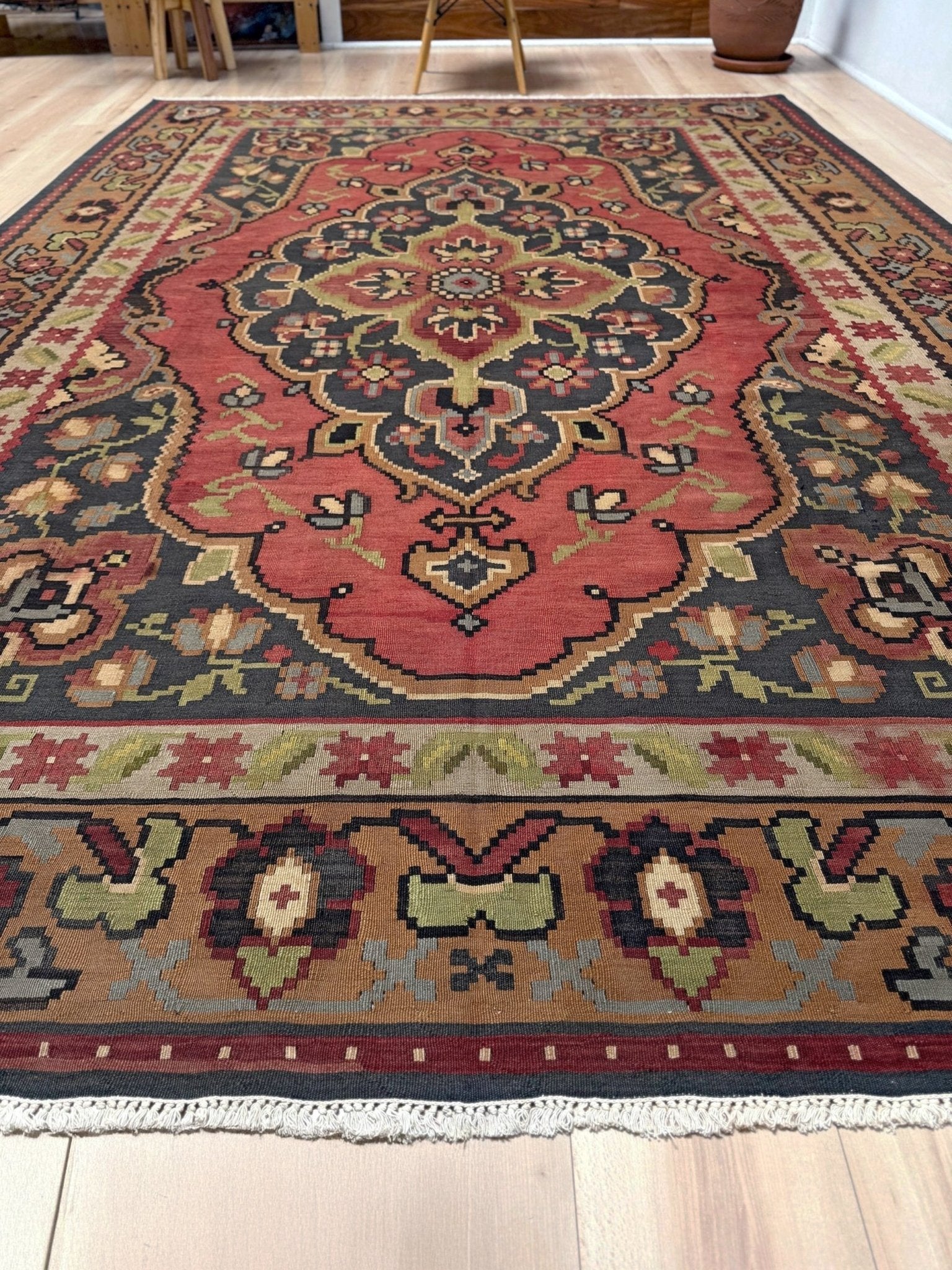 8x10 Bessarabian vintage  European floral kilim with madder red field and golden-brown border, handwoven wool flatweave rug perfect for living room, bedroom, or dining room; suits neutral, eclectic, or boho decor – available from top-rated rug shop in Burlingame CA
