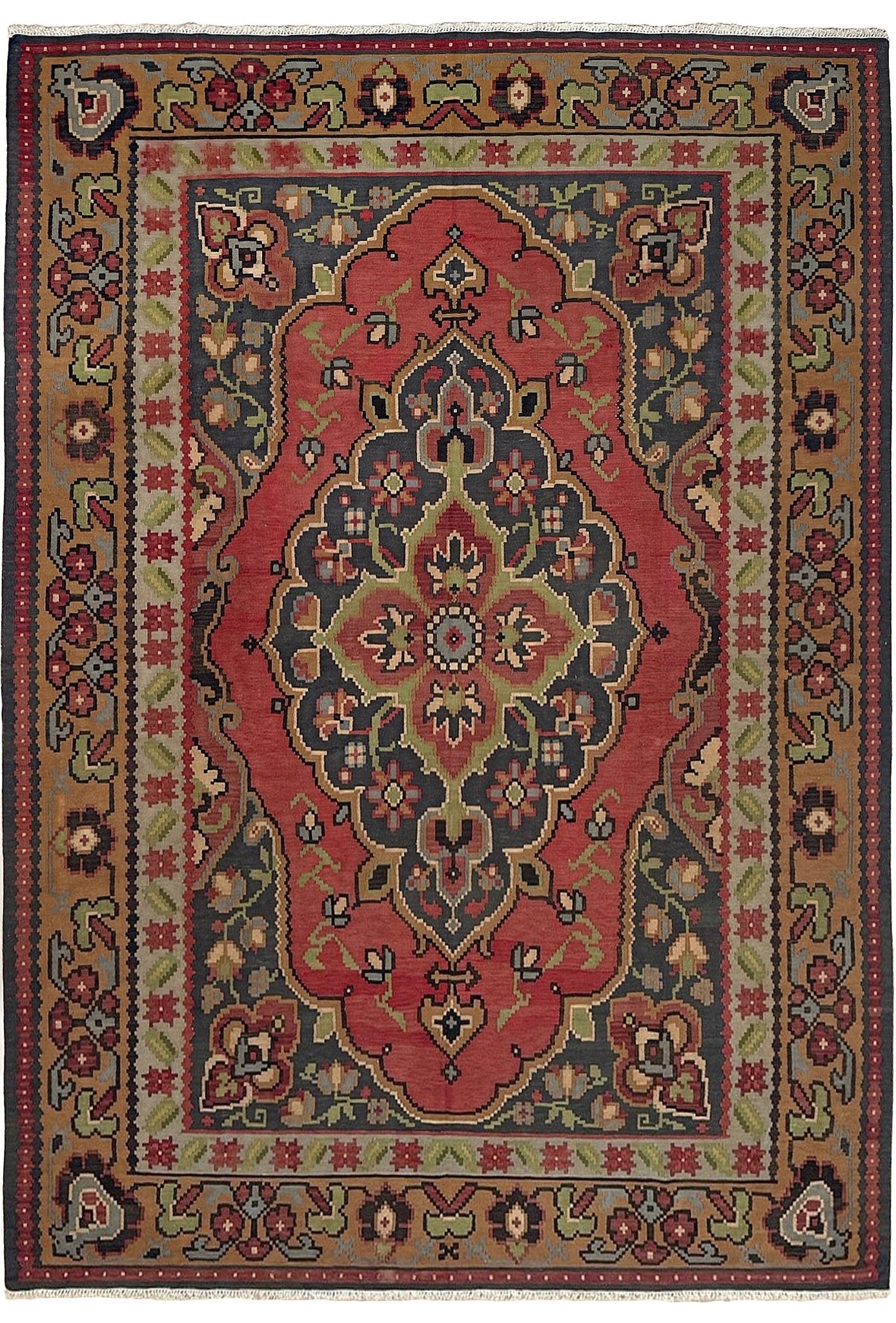 8x10 Bessarabian vintage  European floral kilim with madder red field and golden-brown border, handwoven wool flatweave rug perfect for living room, bedroom, or dining room; suits neutral, eclectic, or boho decor – available from top-rated rug shop in Burlingame CA