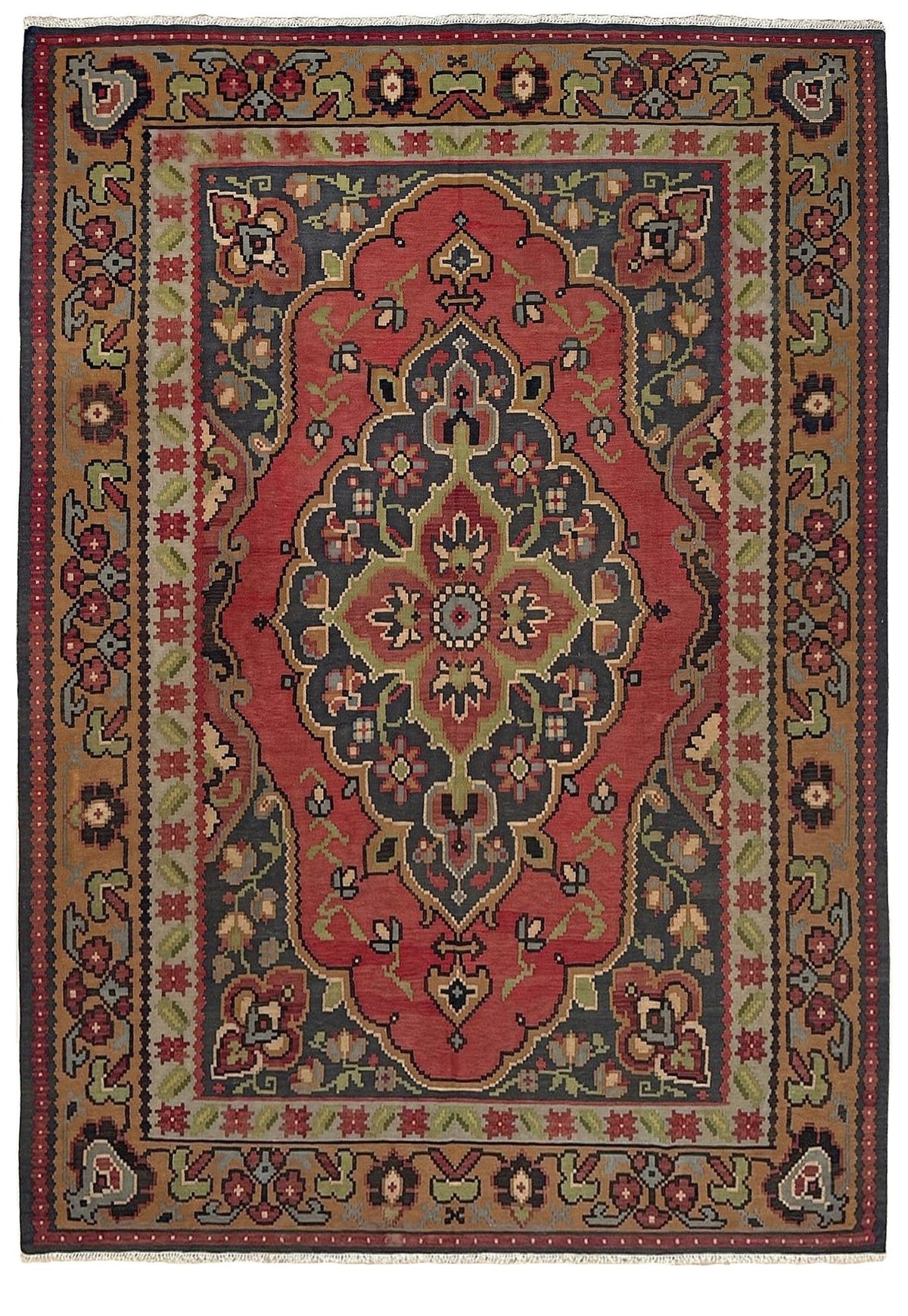 8x10 Bessarabian vintage  European floral kilim with madder red field and golden-brown border, handwoven wool flatweave rug perfect for living room, bedroom, or dining room; suits neutral, eclectic, or boho decor – rug shop in Burlingame CA