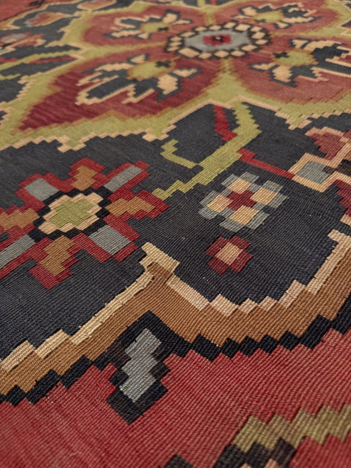 8x10 Bessarabian vintage  European floral kilim with madder red field and golden-brown border, handwoven wool flatweave rug perfect for living room, bedroom, or dining room; suits neutral, eclectic, or boho decor – available from top-rated rug shop in Burlingame CA