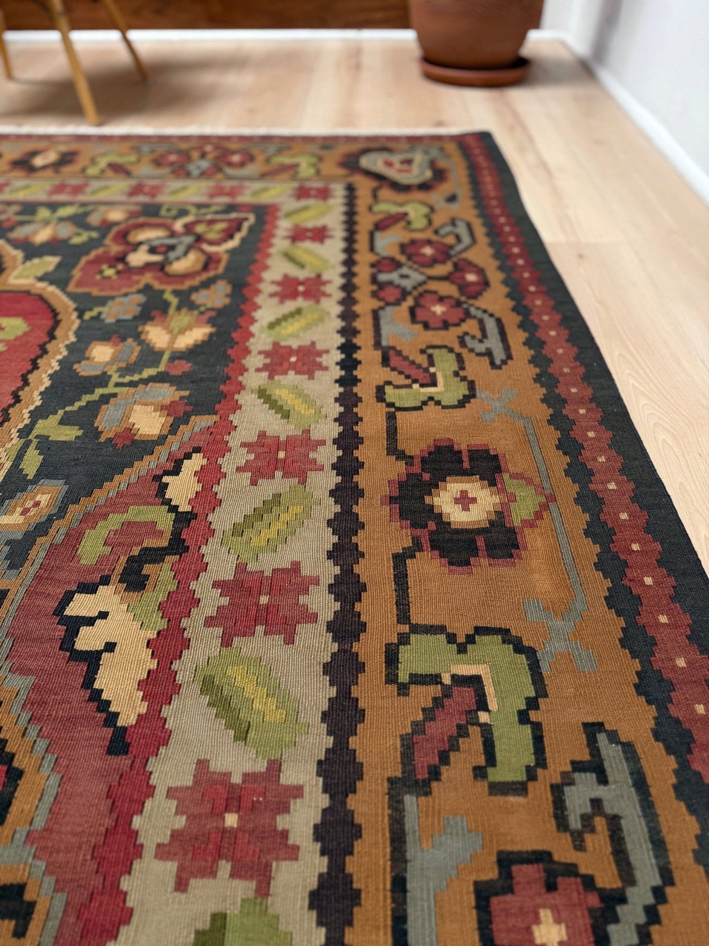 8x10 Bessarabian vintage  European floral kilim with madder red field and golden-brown border, handwoven wool flatweave rug perfect for living room, bedroom, or dining room; suits neutral, eclectic, or boho decor – available from top-rated rug shop in Burlingame CA