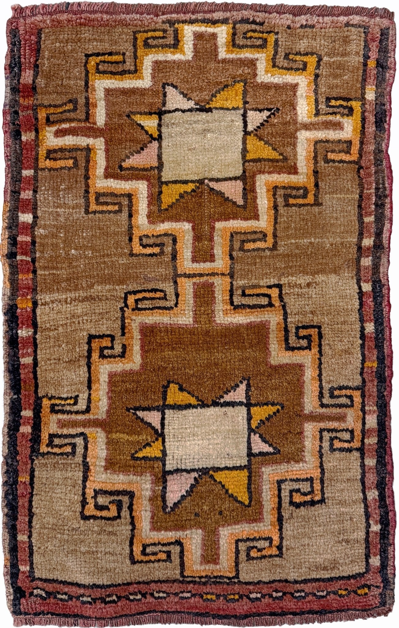 Earthy Vintage Turkish mini rug village rug with warm camel-beige field, stepped geometric star motifs, handmade wool rug measuring approximately 21 x 33 inches. From the best rug shop in SF Bay Area Burlingaöe CA. Free Shipping.