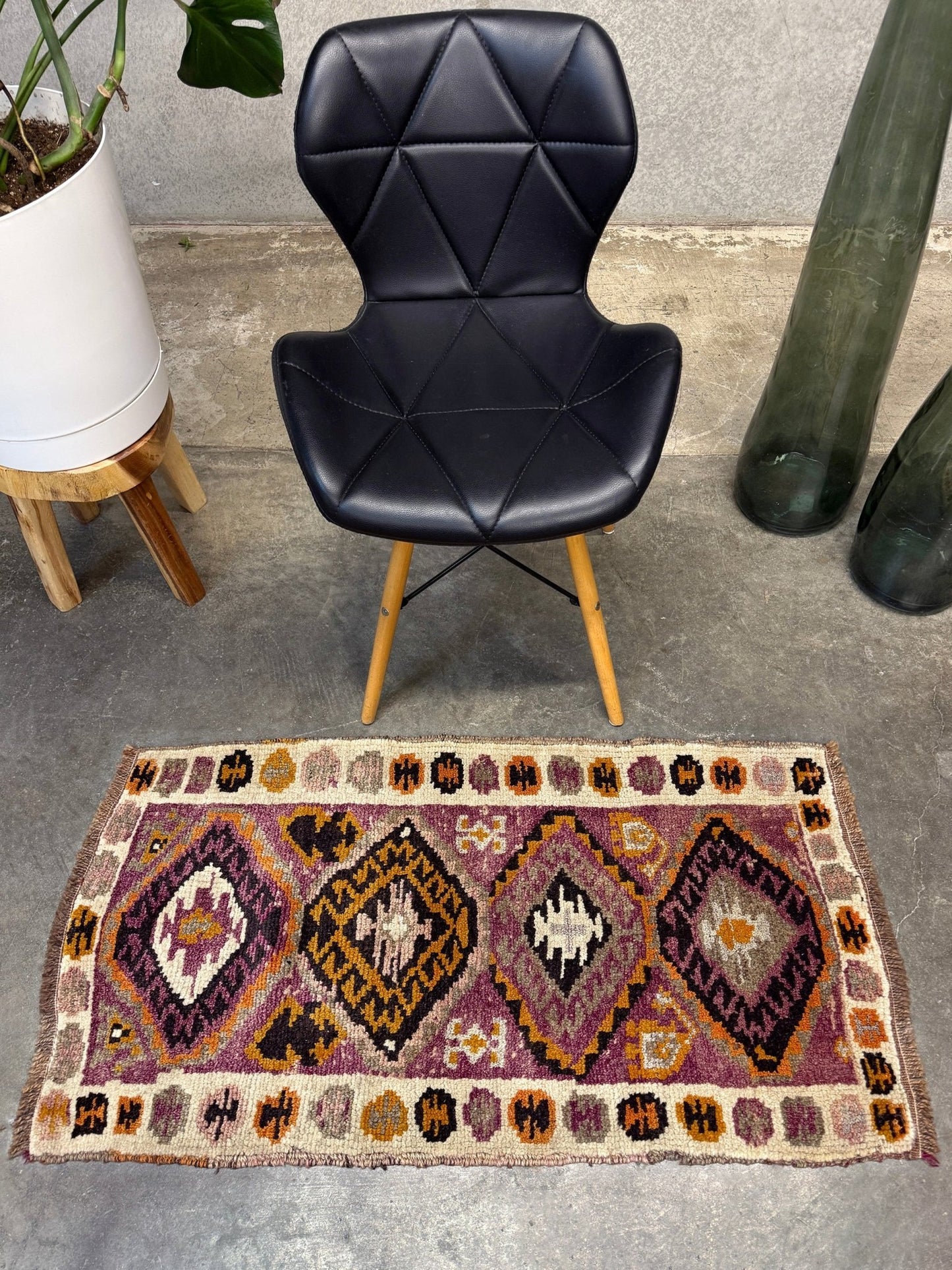Vintage Turkish Yastik mini rug with earth colors mauve-purple, taupe, and burnt orange. Handmade wool, 2x3 feet. One-of-a-kind rug from Indigo Rugs, the best rug shop in the San Francisco Bay Area (Burlingame, CA). Free shipping included.