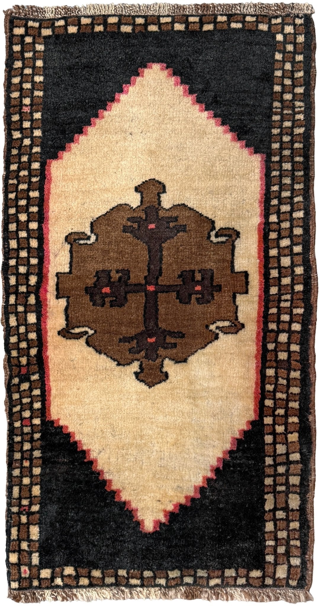 Neurtal Vintage Turkish mini rug 2x3, perfect for entryways, bedside, or layered décor. with a soft ivory field and bold geometric medallion in warm brown tones, framed by a deep cocoa-brown border with subtle brick-red accents. Handmade Anatolian wool rug,  From Indigo Rugs, Burlingame, San Francisco Bay Area.