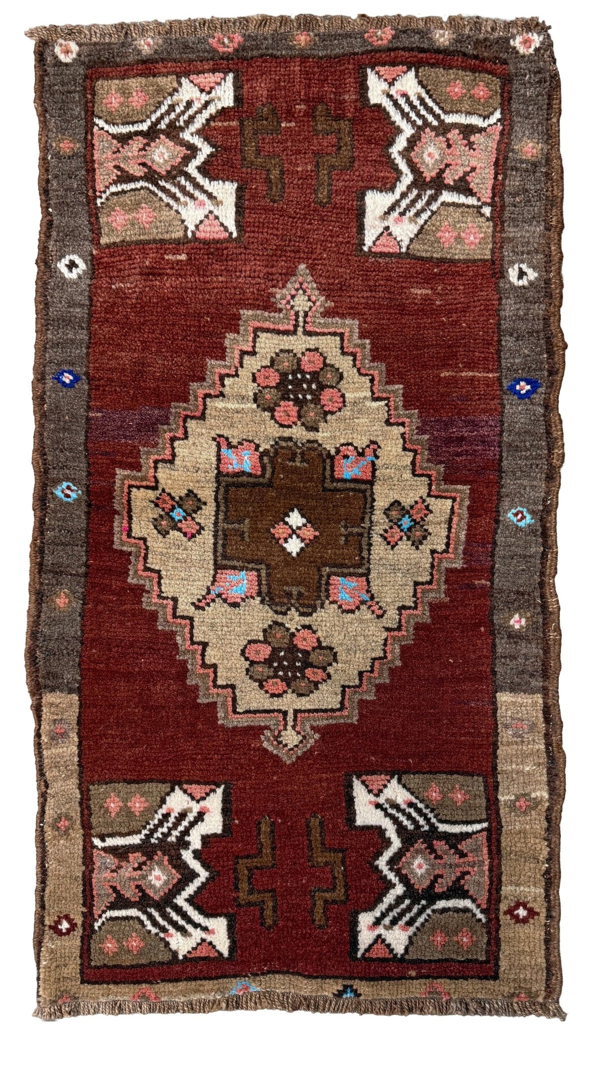 Vintage Turkish Yastik mini rug in chestnut brown with espresso outlines,  and turquoise floral accents. Hand-knotted wool, 2x3. One-of-a-kind vintage piece from the best rug shop in the San Francisco Bay Area, Indigo Rugs in Burlingame, CA.