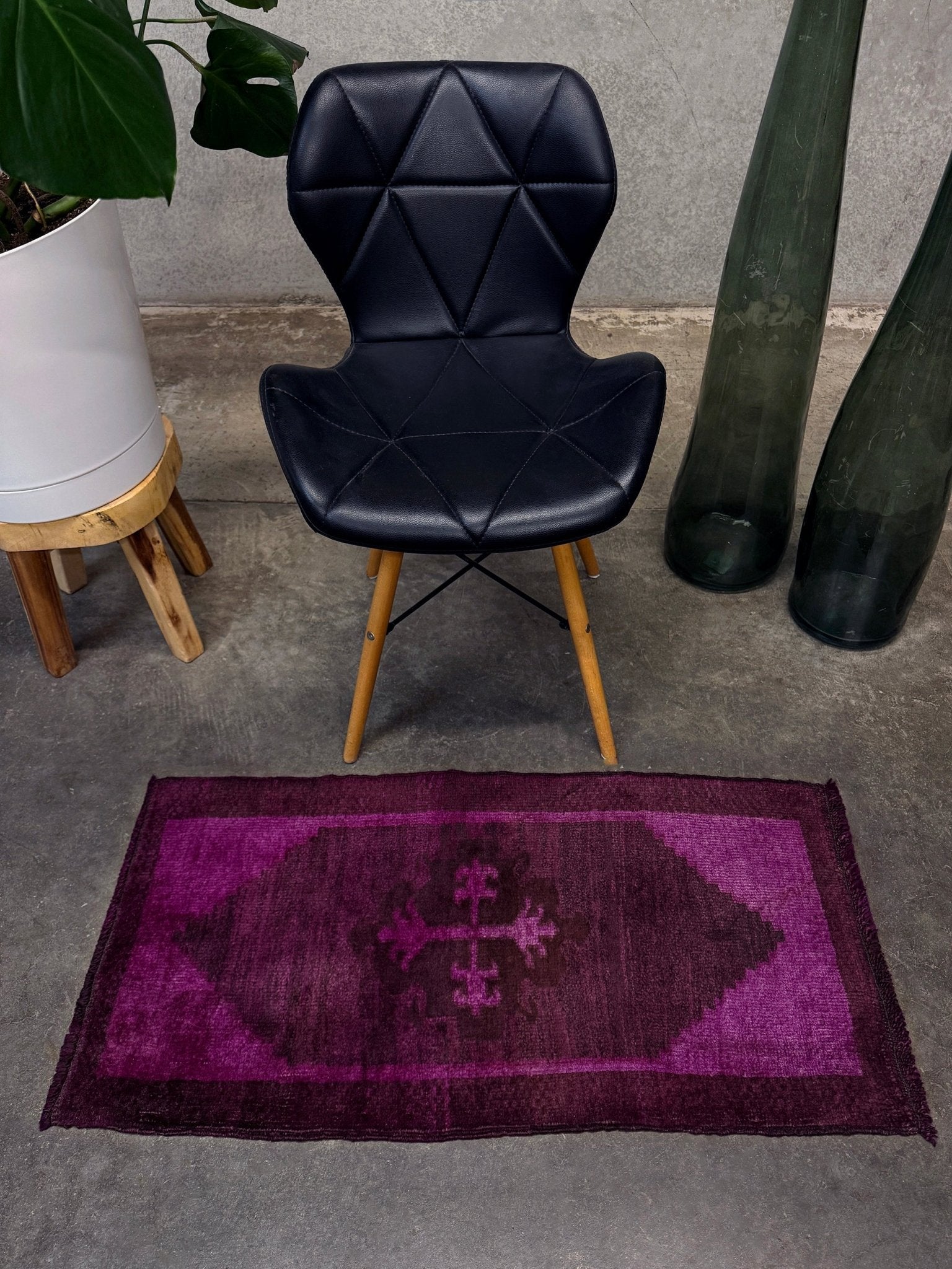 Magenta Purple Turkish mini rug with deep plum purple field, aubergine and blackberry shading, soft magenta border glow, and subtle geometric medallion. Handmade wool rug measuring 18 × 38 inches, perfect for entryways, kitchens, bedside spaces, or layered interiors.