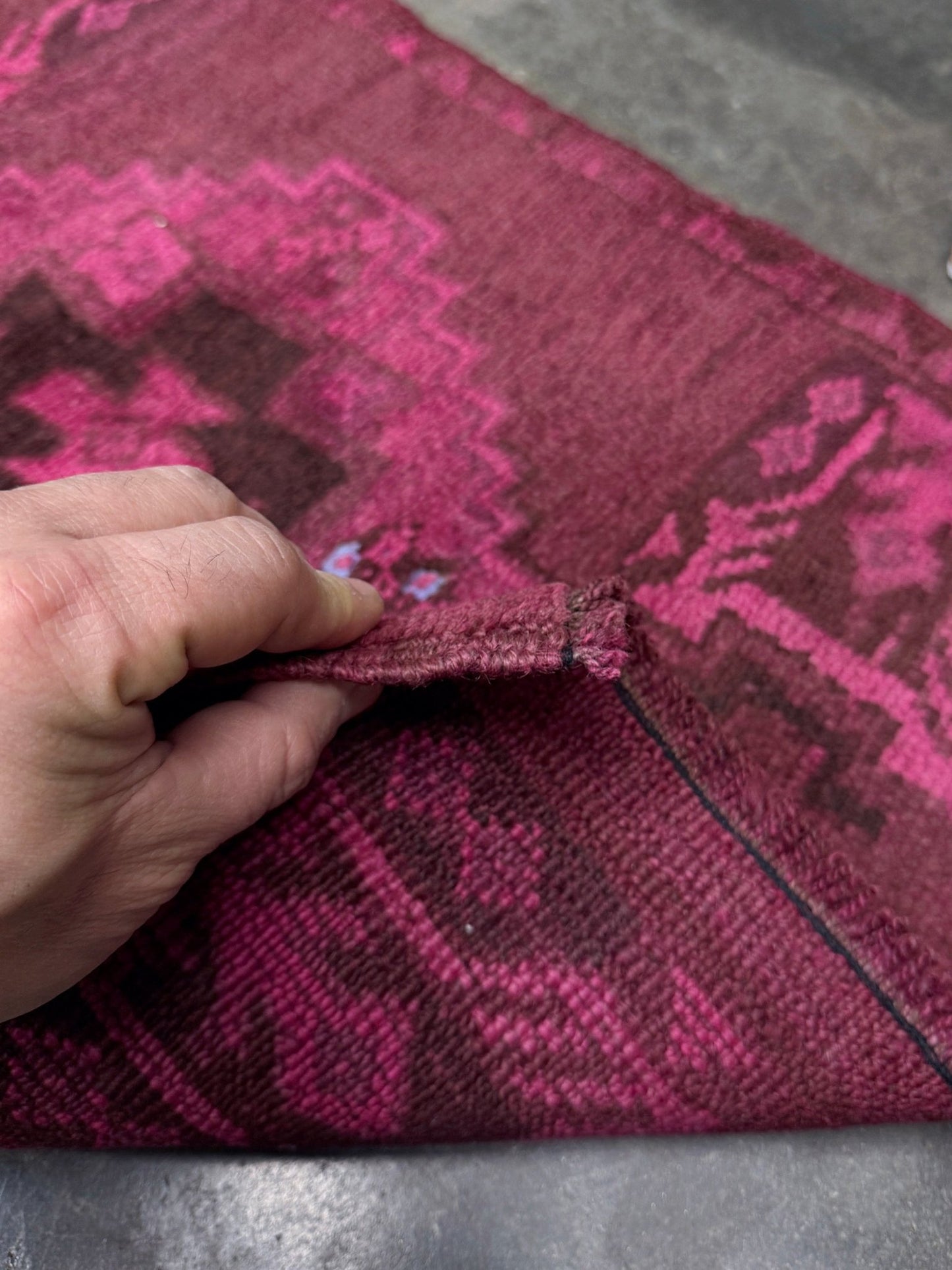 berry red pink Turkish mini rug with amaranth tones 20x30 hand-knotted wool rug for entryway bathroom bedside kitachen. From Indigo Rugs, Burlingame — the best rug shop in the San Francisco Bay Area. Free shipping.