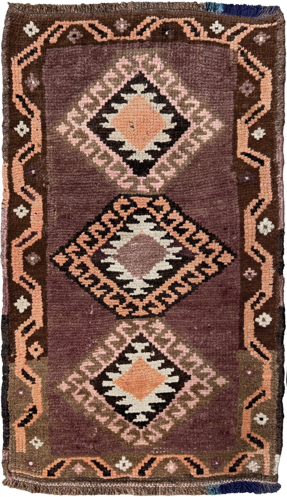 Earthy mauve and brown vintage Turkish mini rug with stacked diamond medallions in peach and ivory, handmade Anatolian Yastik rug 2x3, perfect for entryway or bedside accent, kitchen.