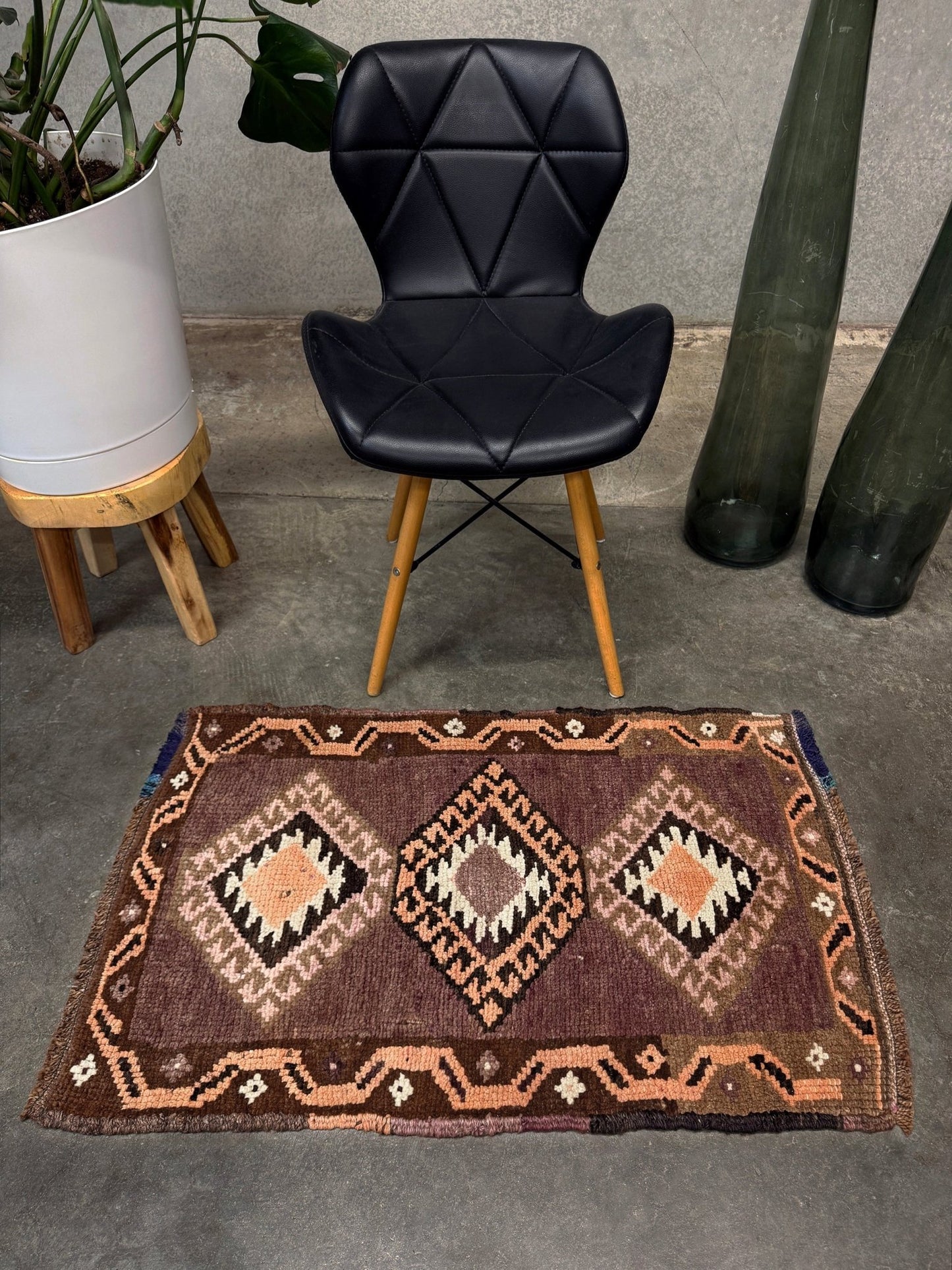 Earthy mauve and brown vintage Turkish mini rug with stacked diamond medallions in peach and ivory, handmade Anatolian Yastik rug 2x3, perfect for entryway or bedside accent, kitchen.