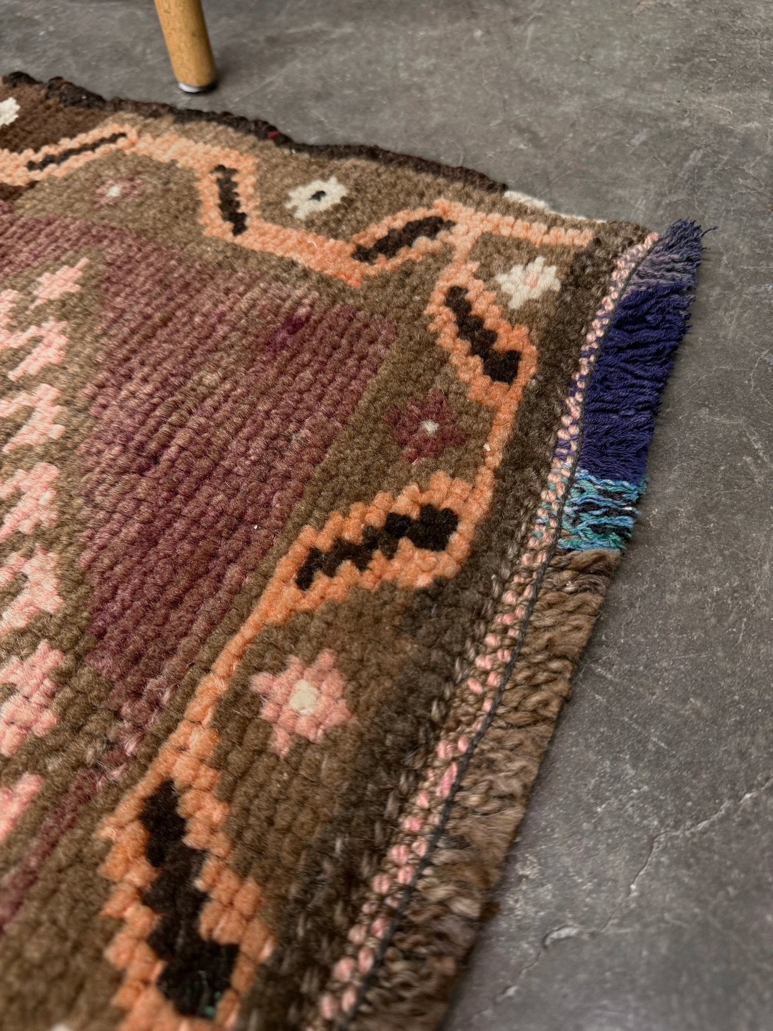 Earthy mauve and brown vintage Turkish mini rug with stacked diamond medallions in peach and ivory, handmade Anatolian Yastik rug 2x3, perfect for entryway or bedside accent, kitchen.