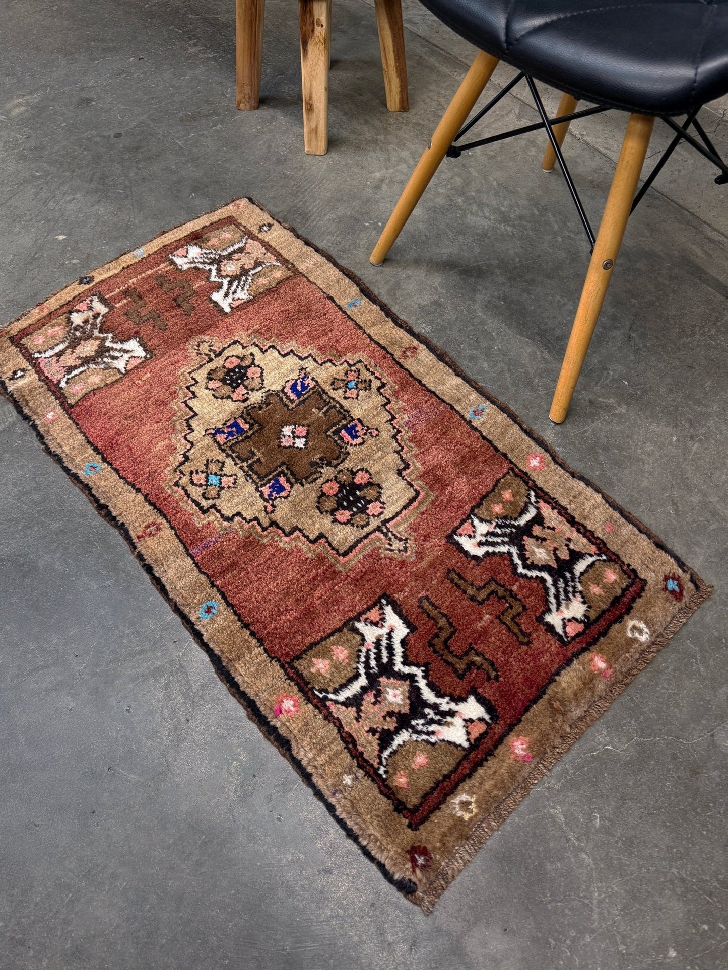 Muted Brick Red Turkish Mini Rug • Handmade Anatolian Village Rug / Yastik (19"x36")