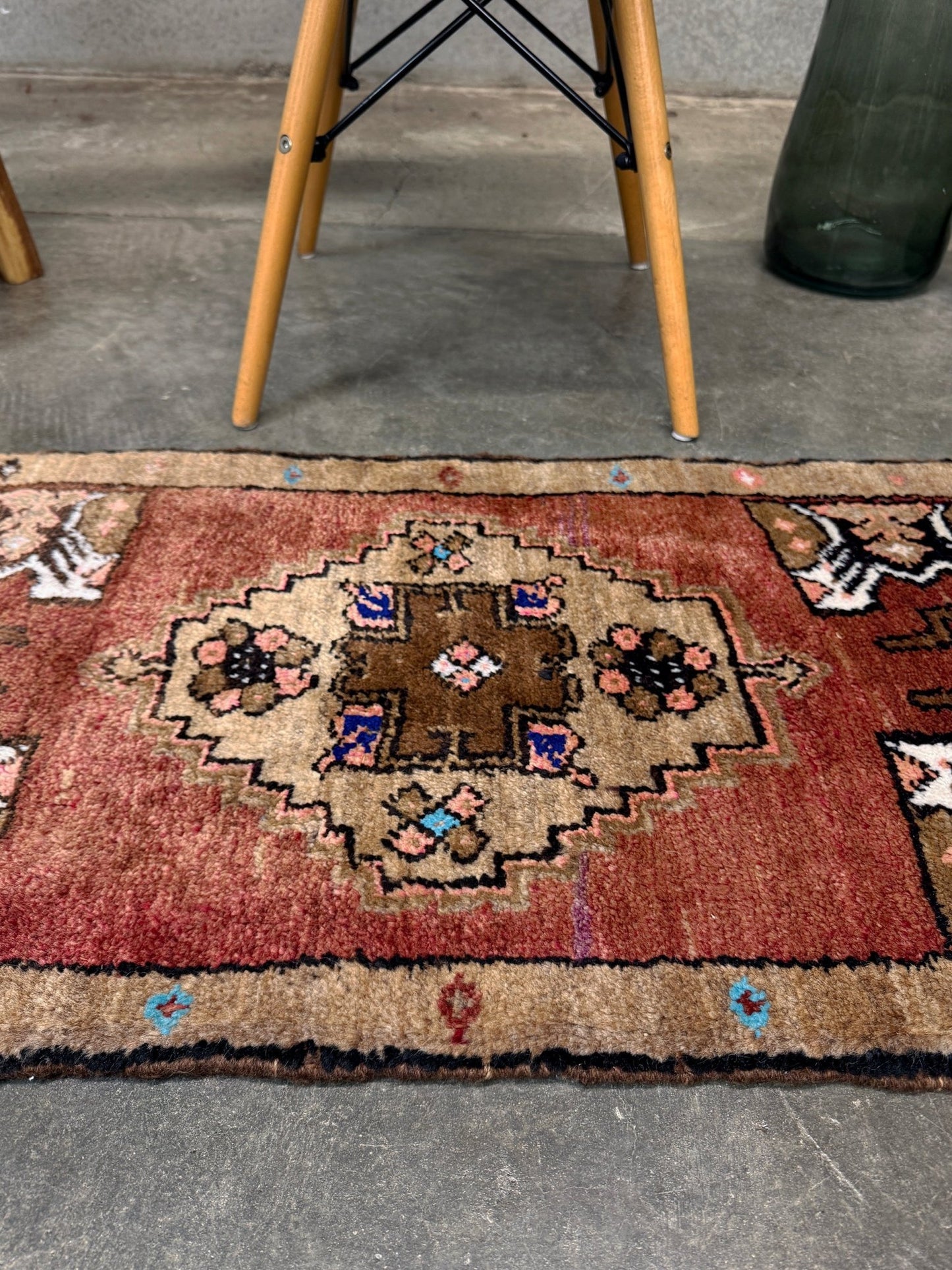 Muted Brick Red Turkish Mini Rug • Handmade Anatolian Village Rug / Yastik (19"x36")