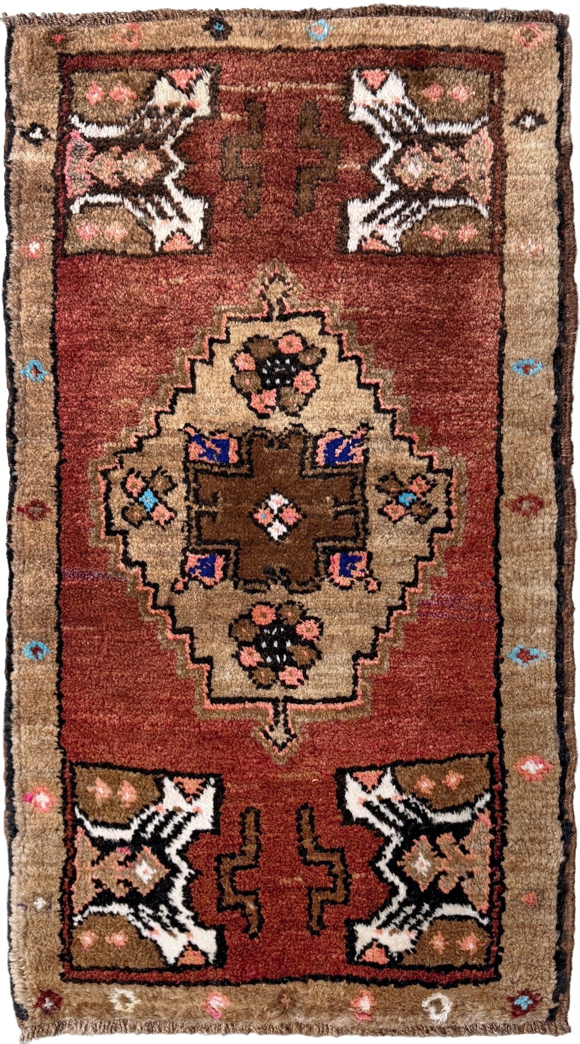 Muted Brick Red Turkish Mini Rug • Handmade Anatolian Village Rug / Yastik (19"x36")