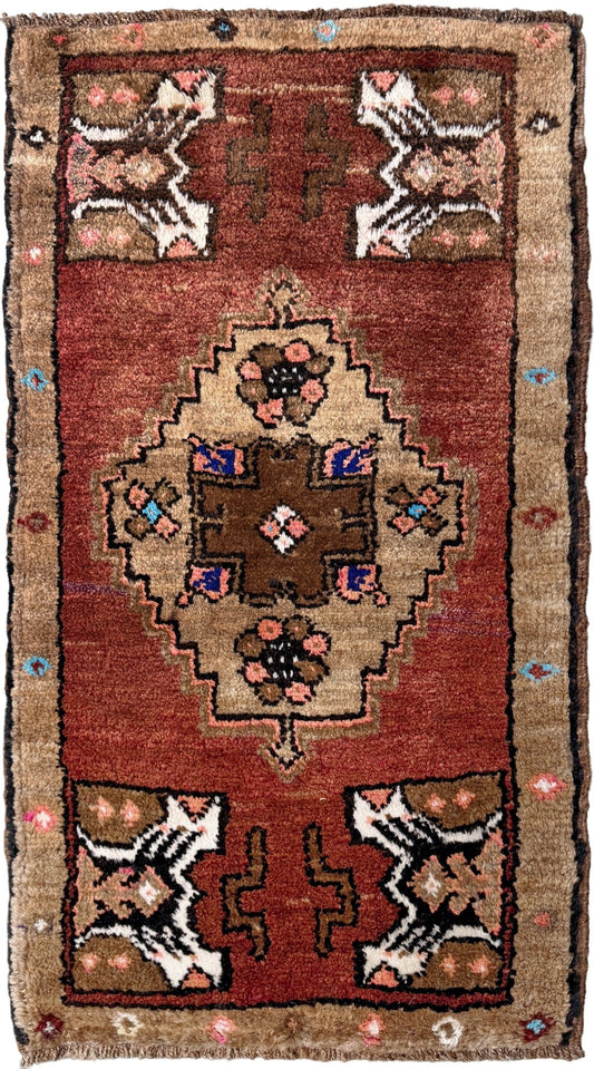 Muted Brick Red Turkish Mini Rug • Handmade Anatolian Village Rug / Yastik (19"x36")