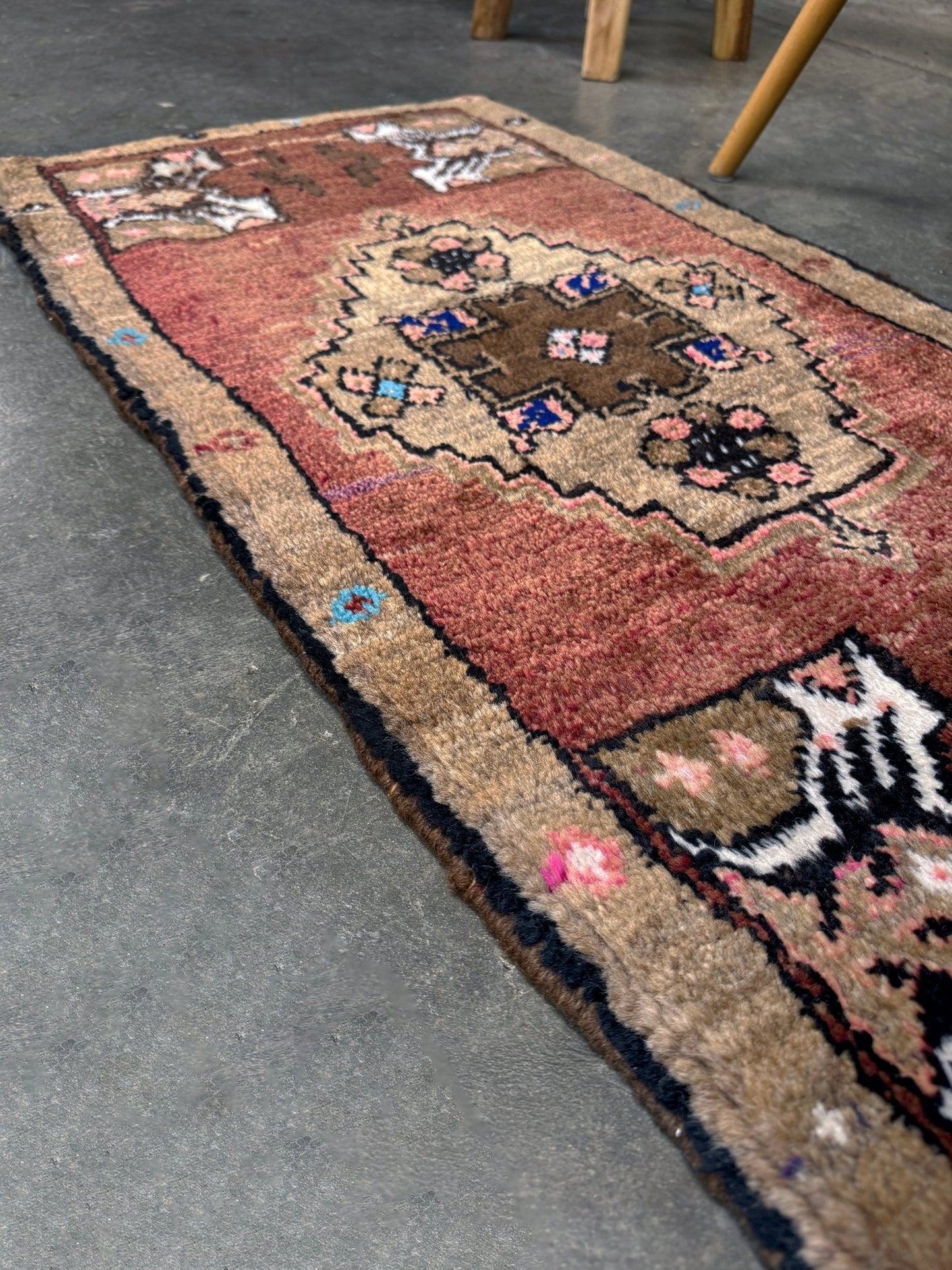 Muted Brick Red Turkish Mini Rug • Handmade Anatolian Village Rug / Yastik (19"x36")