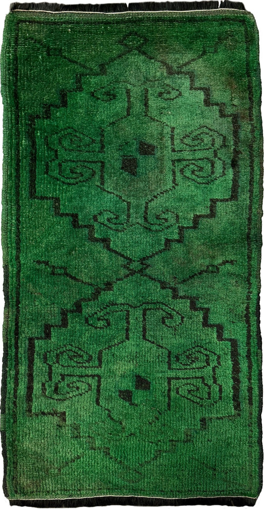 Vintage Turkish Yastik rug in emerald, forest, and moss green with espresso-black tribal outlines. Hand-knotted wool, 20x43 inches. One-of-a-kind rug from Indigo Rugs, the best rug shop in the San Francisco Bay Area (Burlingame, CA). Free shipping included.