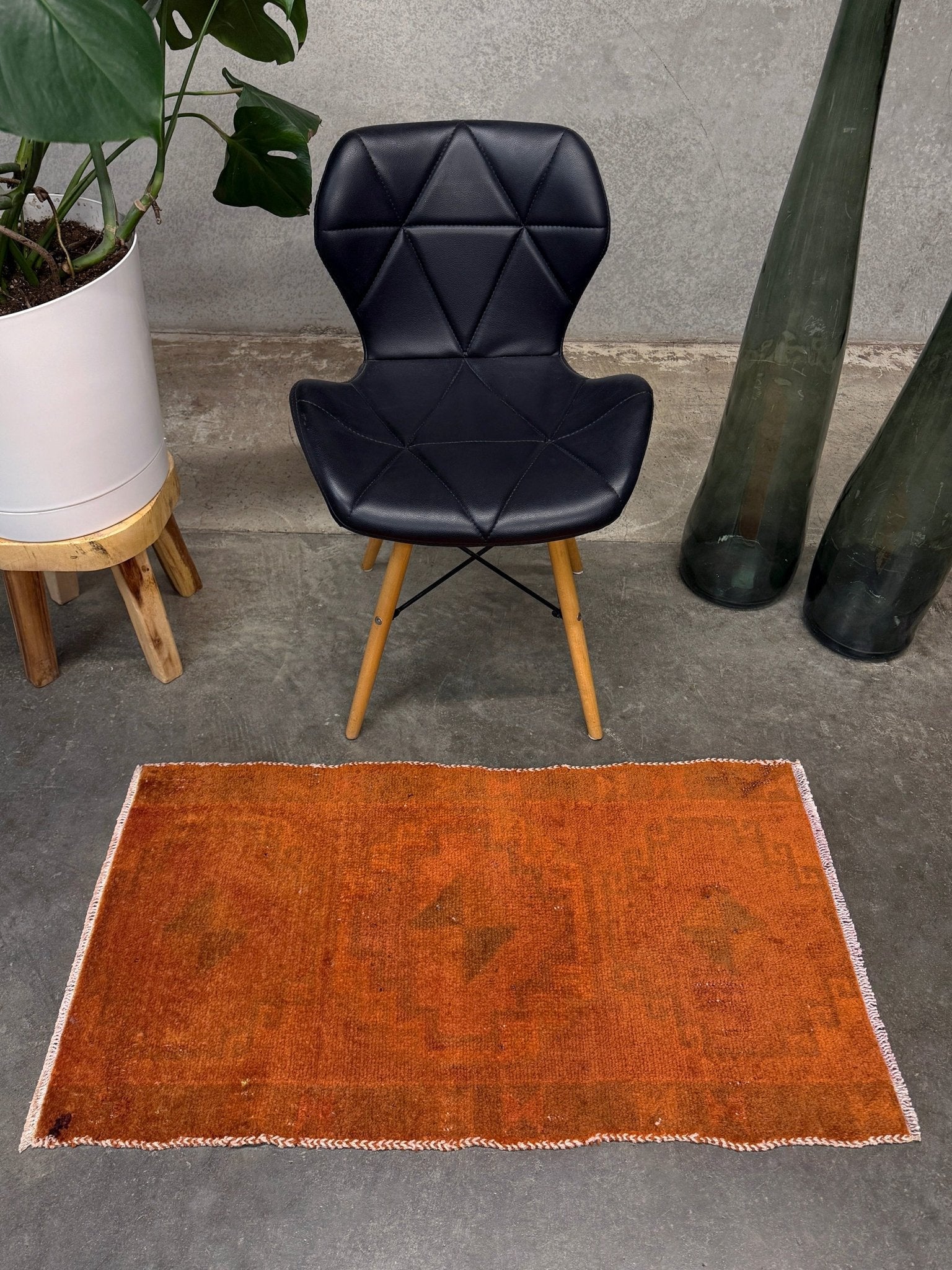 Vintage terracotta orange  abstract transitional Turkish mini rug 21x39 with subtle tonal variations and minimalist design, handmade wool rug from Indigo Rugs in Burlingame, San Francisco Bay Area. Doormat bathmat perfect foe entry doorway kitchen. Free shipping.