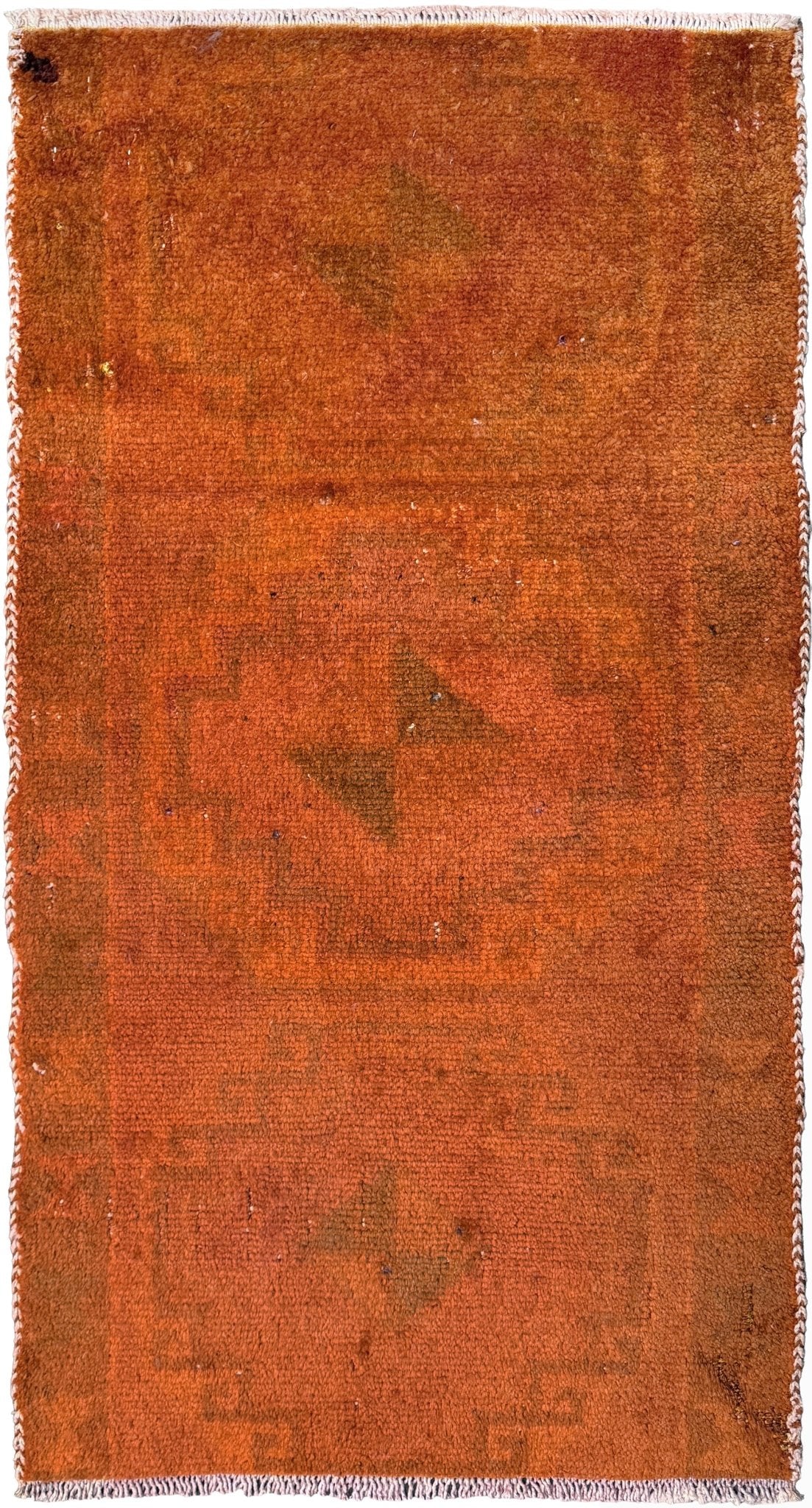 Vintage terracotta orange  abstract transitional Turkish mini rug 21x39 with subtle tonal variations and minimalist design, handmade wool rug from Indigo Rugs in Burlingame, San Francisco Bay Area. Doormat bathmat perfect foe entry doorway kitchen. Free shipping.