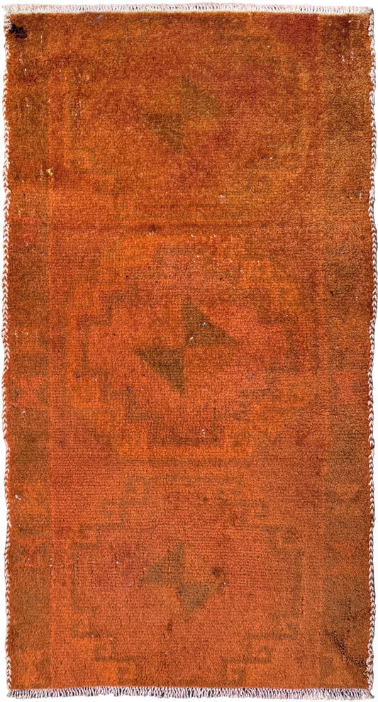 Vintage terracotta orange  abstract transitional Turkish mini rug 21x39 with subtle tonal variations and minimalist design, handmade wool rug from Indigo Rugs in Burlingame, San Francisco Bay Area. Doormat bathmat perfect foe entry doorway kitchen. Free shipping.