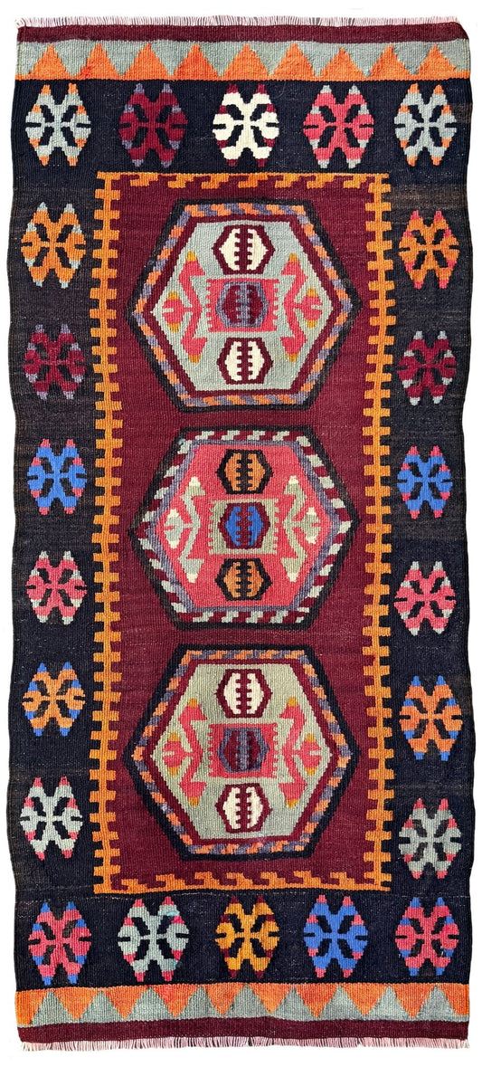 Vintage Turkish Sarkisla mini kilim rug with berry red field, charcoal borders, colorful geometric medallions and tribal motifs, handmade wool flatweave accent rug 2x4 from Indigo Rugs Burlingame Bay Area.