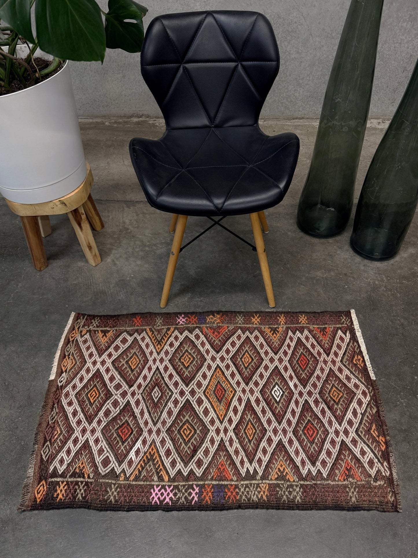 Vintage Turkish cicim embroidered mini kilim rug in earth brown with geometric diamond lattice motifs, tribal handmade flatweave wool accent rug 23x38 from Indigo Rugs Burlingame Bay Area.