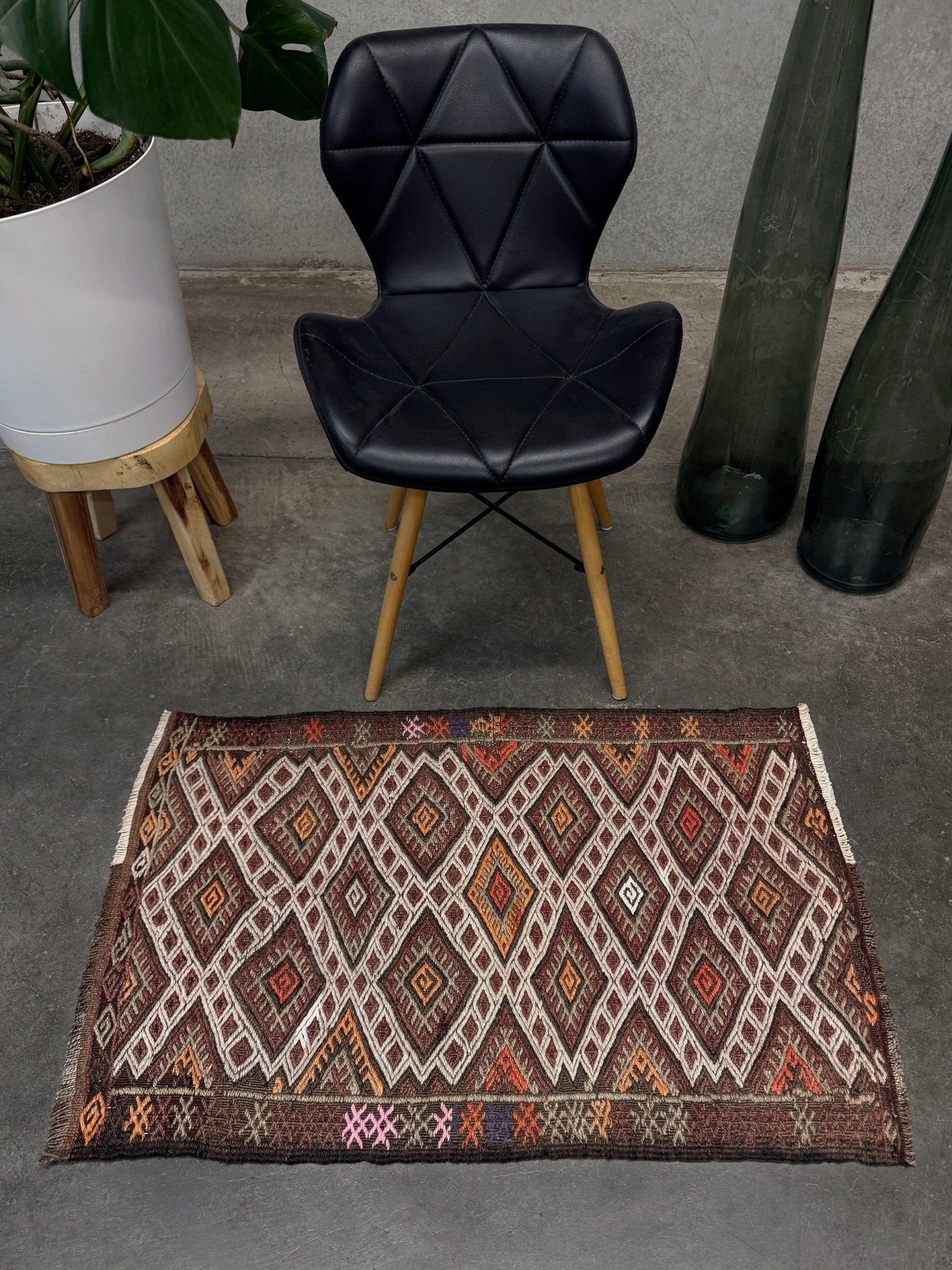 Vintage Turkish cicim embroidered mini kilim rug in earth brown with geometric diamond lattice motifs, tribal handmade flatweave wool accent rug 23x38 from Indigo Rugs Burlingame Bay Area.