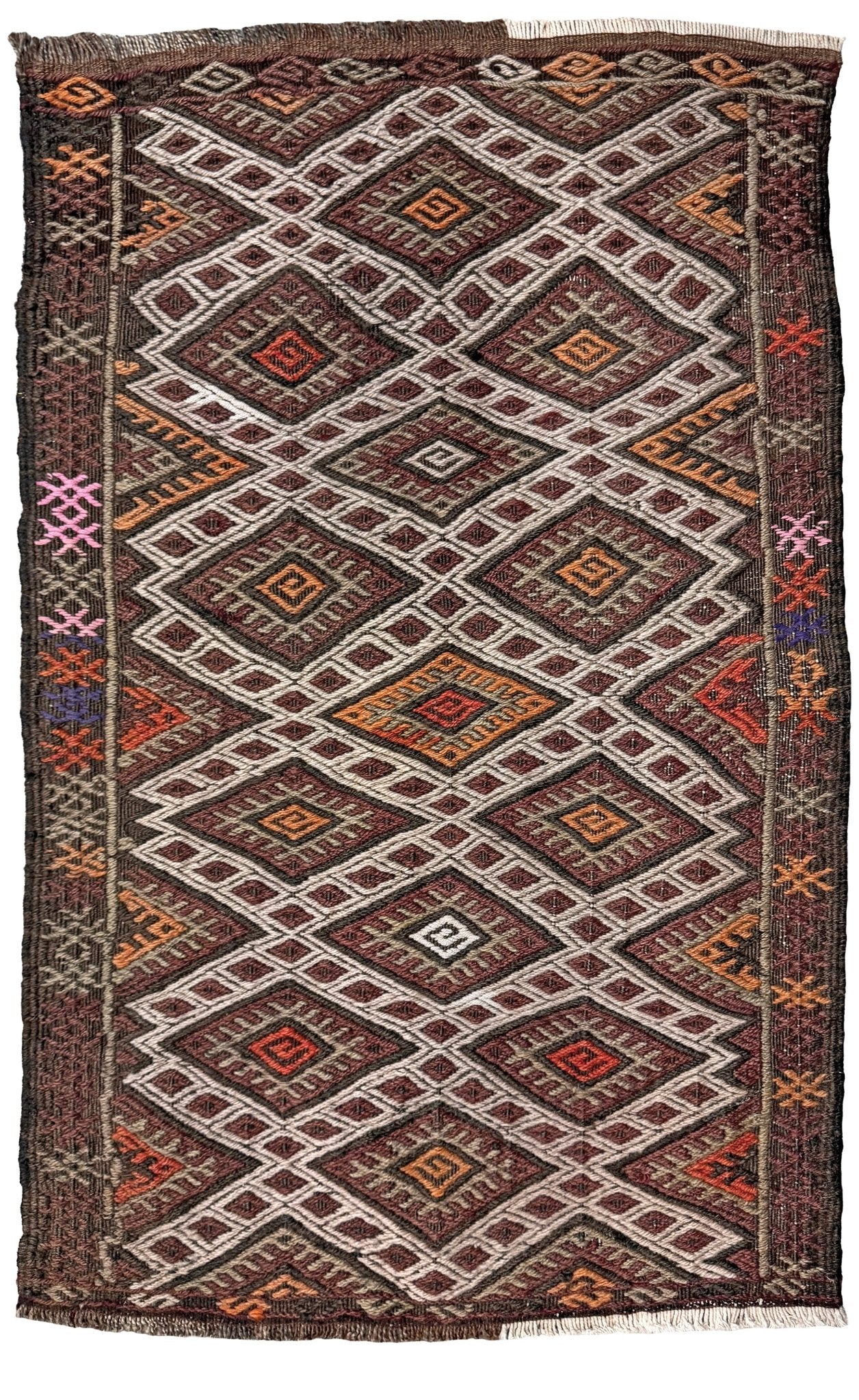 Vintage Turkish cicim embroidered mini kilim rug in earth brown with geometric diamond lattice motifs, tribal handmade flatweave wool accent rug 23x38 from Indigo Rugs Burlingame Bay Area.