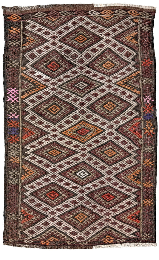 Vintage Turkish cicim embroidered mini kilim rug in earth brown with geometric diamond lattice motifs, tribal handmade flatweave wool accent rug 23x38 from Indigo Rugs Burlingame Bay Area.