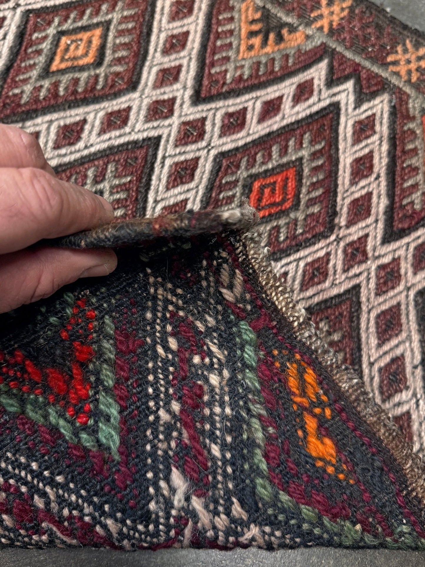 Vintage Turkish cicim embroidered mini kilim rug in earth brown with geometric diamond lattice motifs, tribal handmade flatweave wool accent rug 23x38 from Indigo Rugs Burlingame Bay Area.