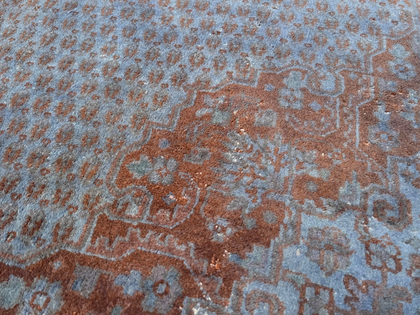 Blue overdyed turkish rug. Muted wool handmade Turkish rug store SF Bay Area. Buy rug palo alto, berkeley, los altos berkeley