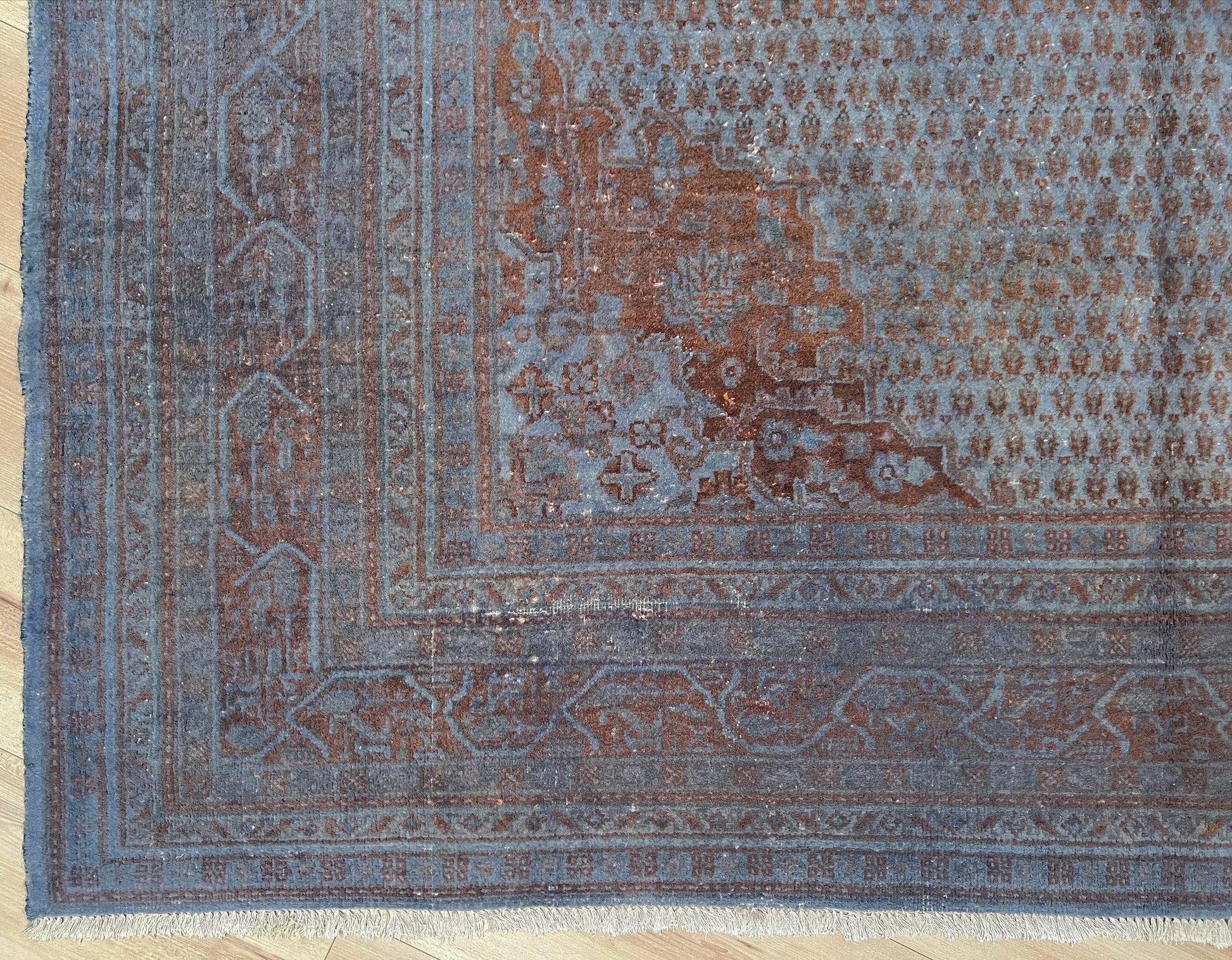 Blue overdyed turkish rug. Muted wool handmade Turkish rug store SF Bay Area. Buy rug palo alto, berkeley, los altos berkeley