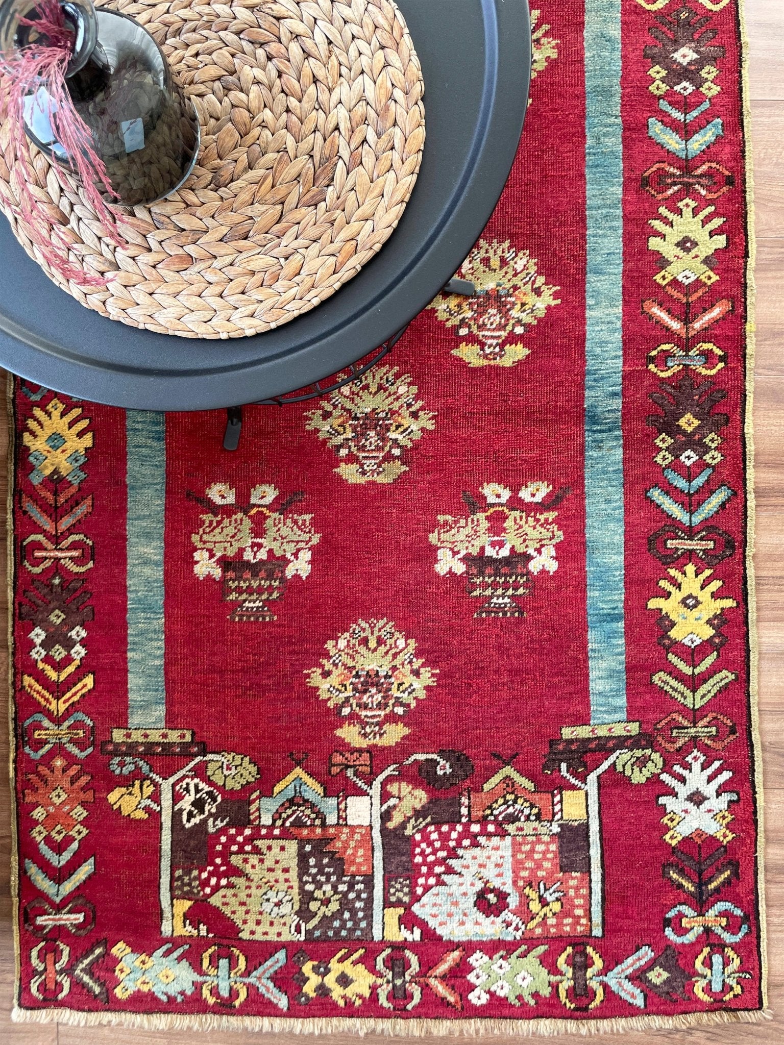 mucur Vintage Turkish rug shop san francisco bay area. antique prayer soft red rug, bold color store, local rug shop