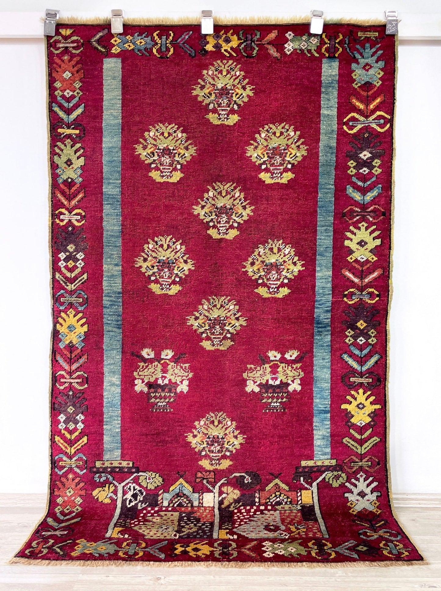 mucur Vintage Turkish rug shop san francisco bay area. antique prayer soft red rug, bold color store, local rug shop