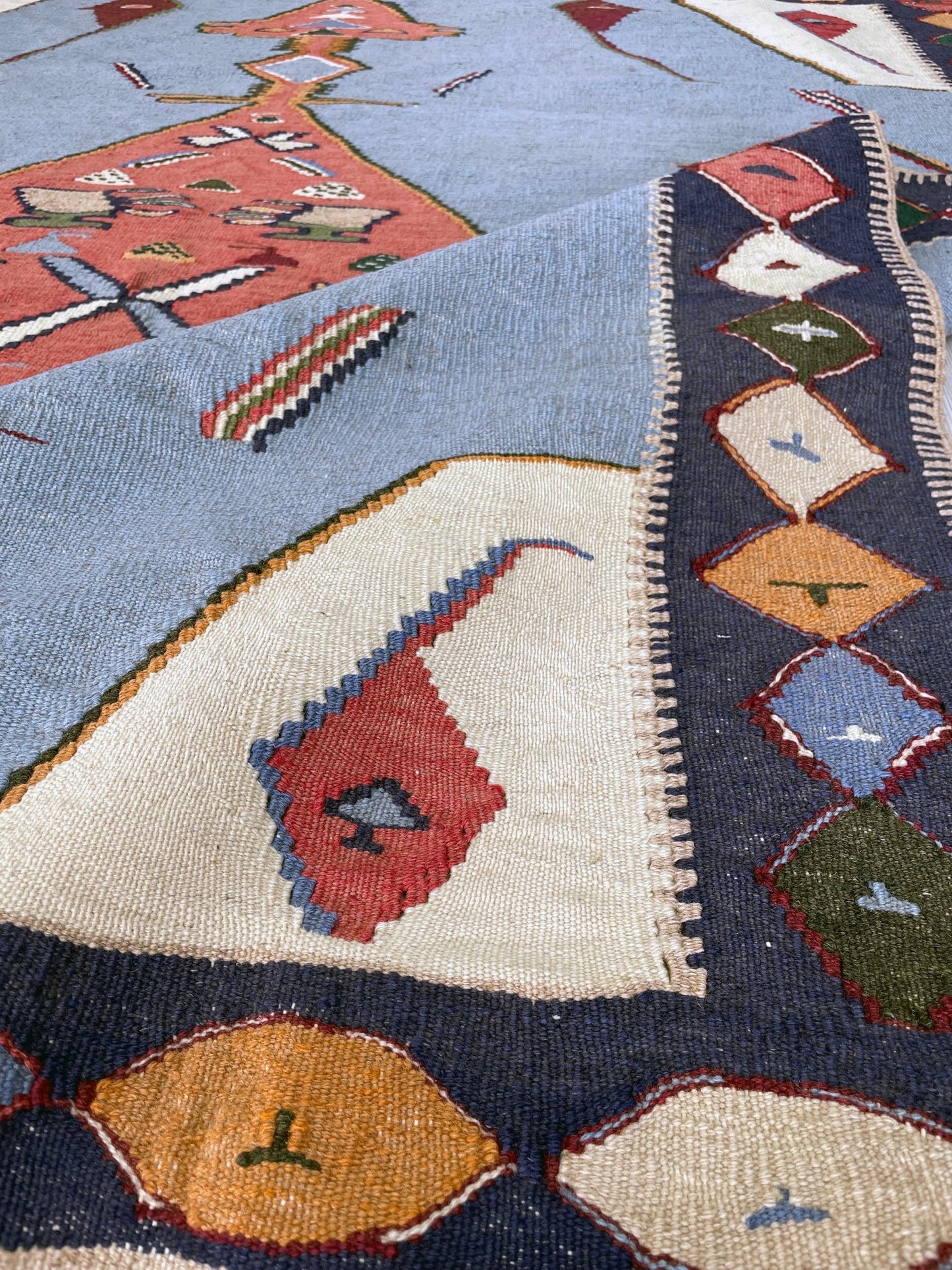 Small blue persian senneh kilim rug. Kilim rug shop san francisco bay area