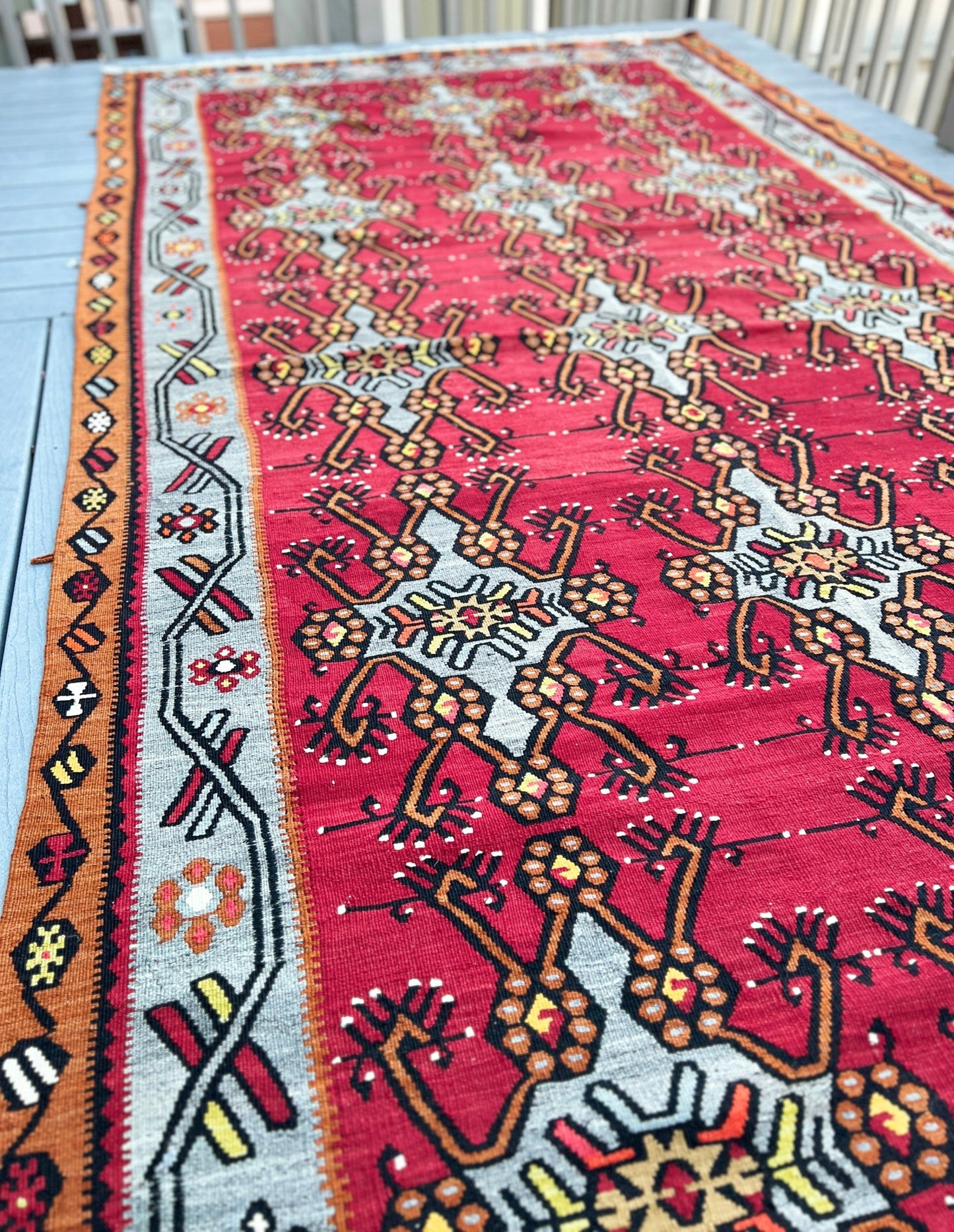 Red Turkish wide runner Kilim Rug shop Berkeley San Francisco Bay Area. Oriental Rug store. Buy rugs online free shipping