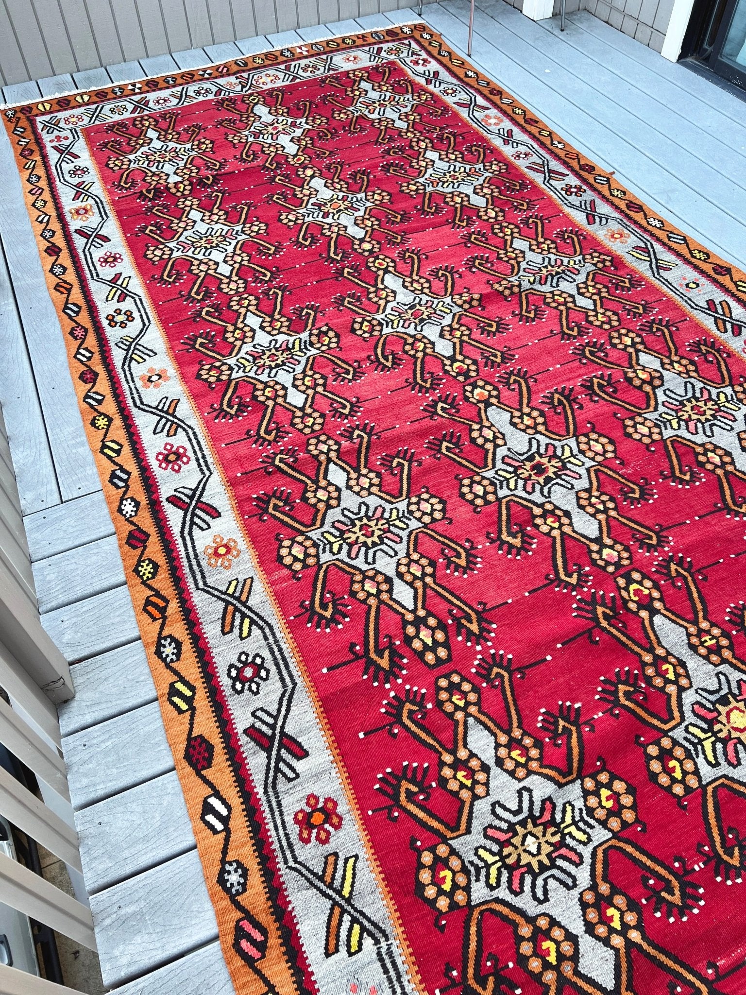 Red Turkish wide runner Kilim Rug shop Berkeley San Francisco Bay Area. Oriental Rug store. Buy rugs online free shipping