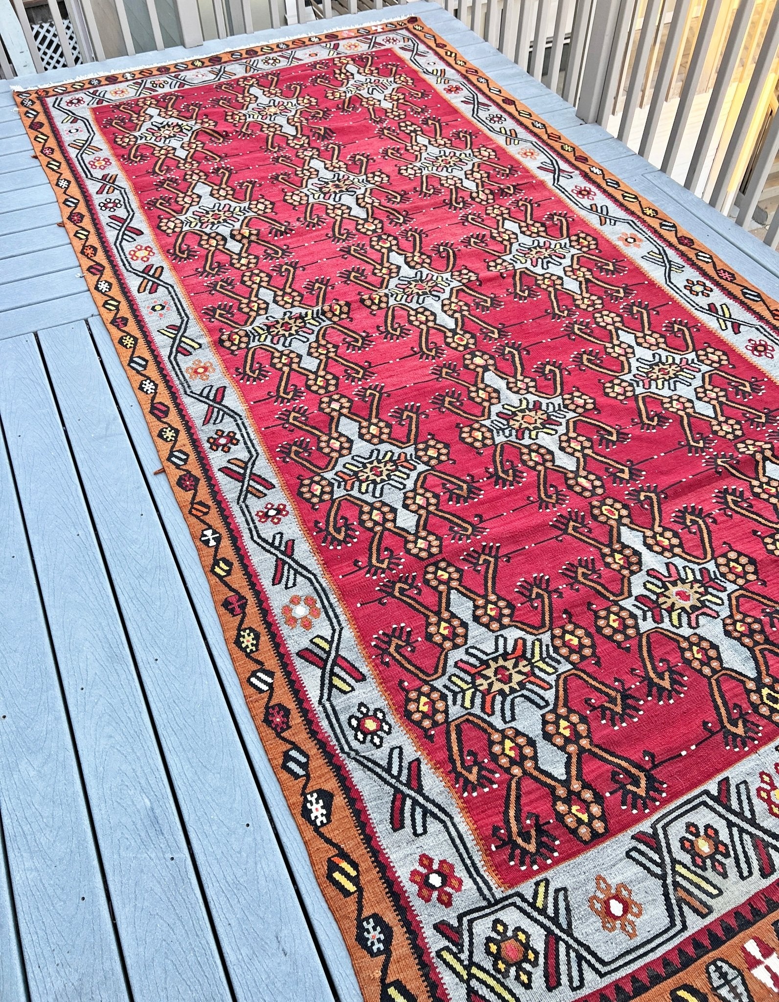 Red Turkish wide runner Kilim Rug shop Berkeley San Francisco Bay Area. Oriental Rug store. Buy rugs online free shipping