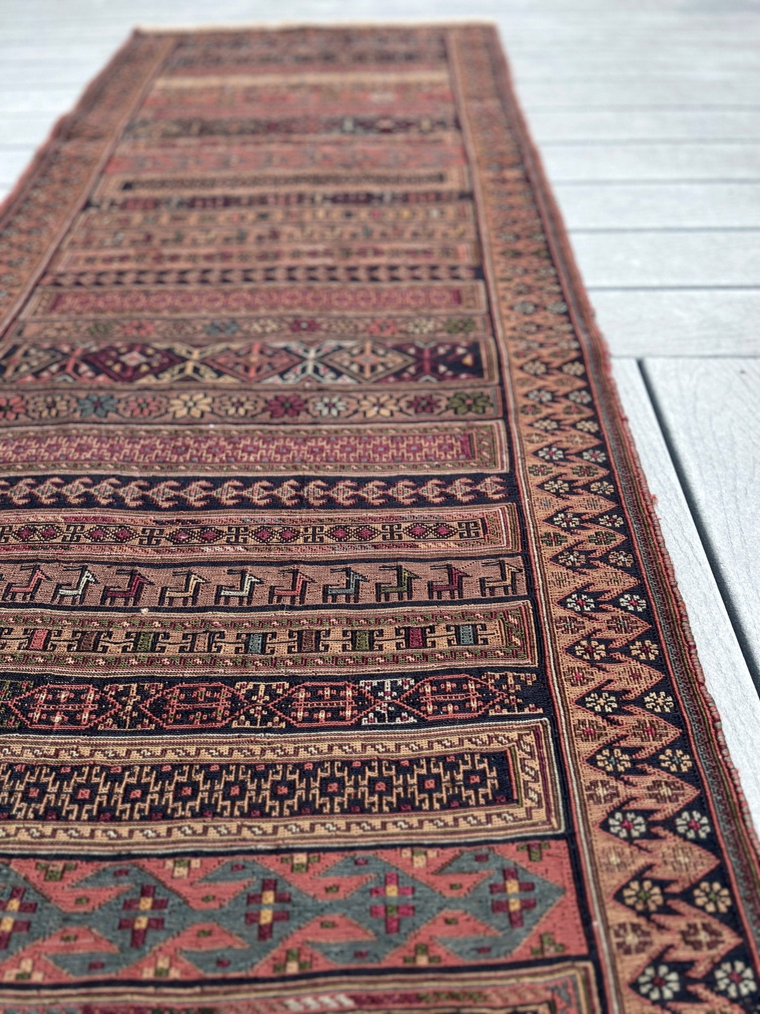 Rahrah Soumak Small Persian Runner Rug. Oriental Rug shop San Francisco Bay Area. Buy handmade rug online free shipping