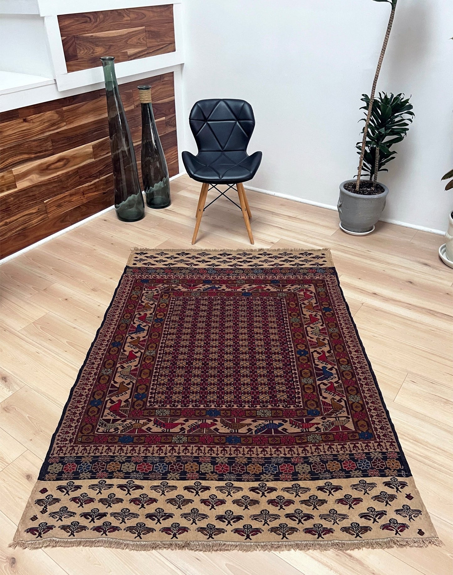 Armenian soumak rug. 4x6 scatter handmade wool rug for living room, bedroom, study under coffee table. Vintage rug shop SF