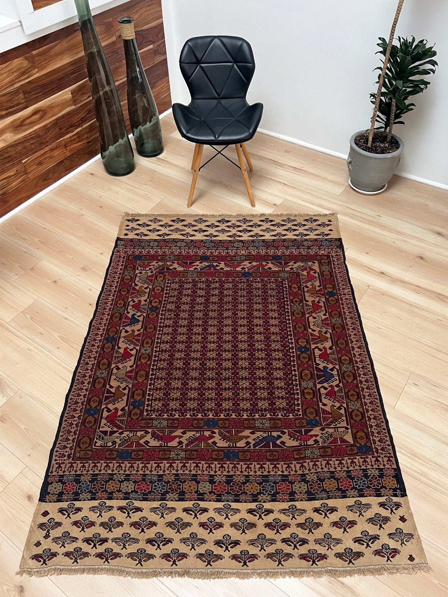 Armenian soumak rug. 4x6 scatter handmade wool rug for living room, bedroom, study under coffee table. Vintage rug shop SF