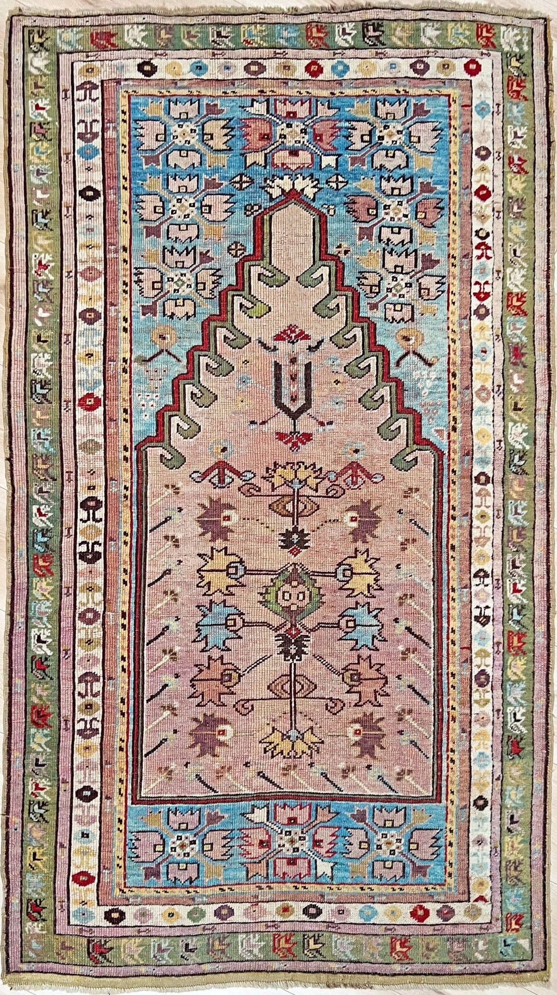 Kirsehir antique turkish prayer rug shop san francisco bay area. Wall hanging rug. Oriental rug shop. Buy handmade wool rug