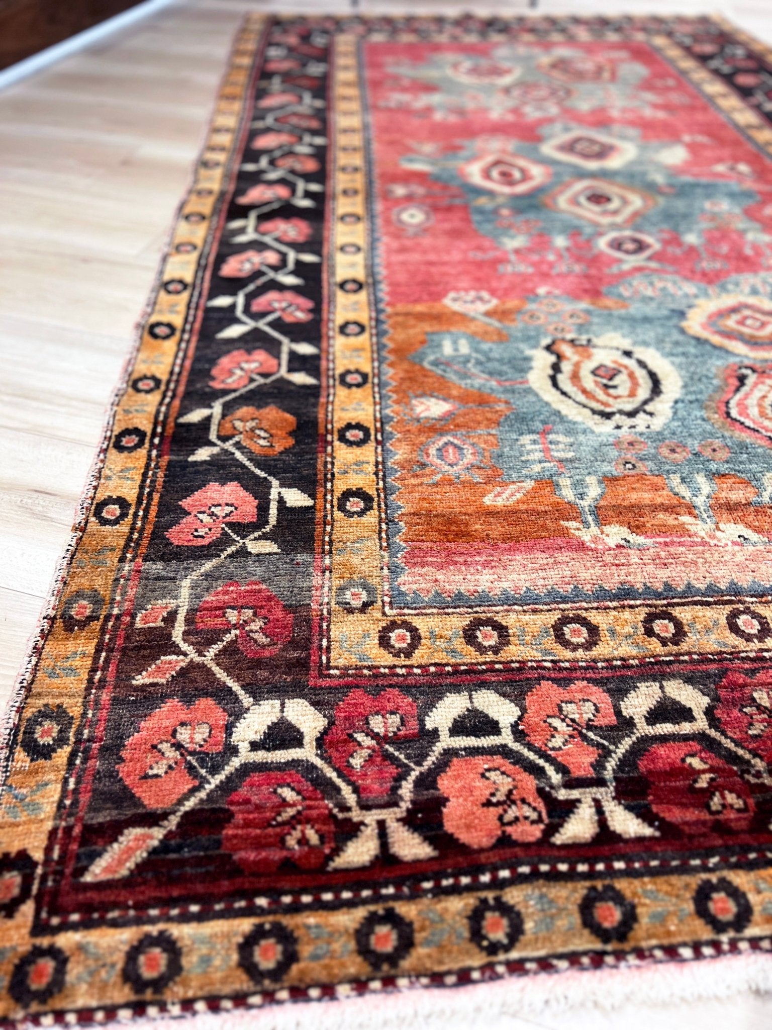 Karabagh Caucasian vintage wide runner wool rug. Oriental rug shop san francisco bay area. Buy handmade wool rug online