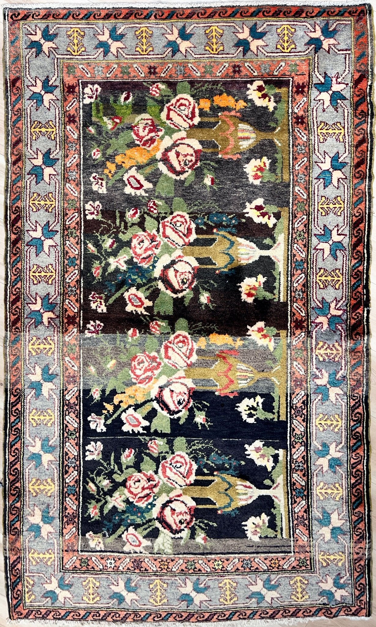 karabagh roses vintage caucasian rug. Oriental rug shop San Francisco Bay Area. Buy handmade wool rug online free shipping